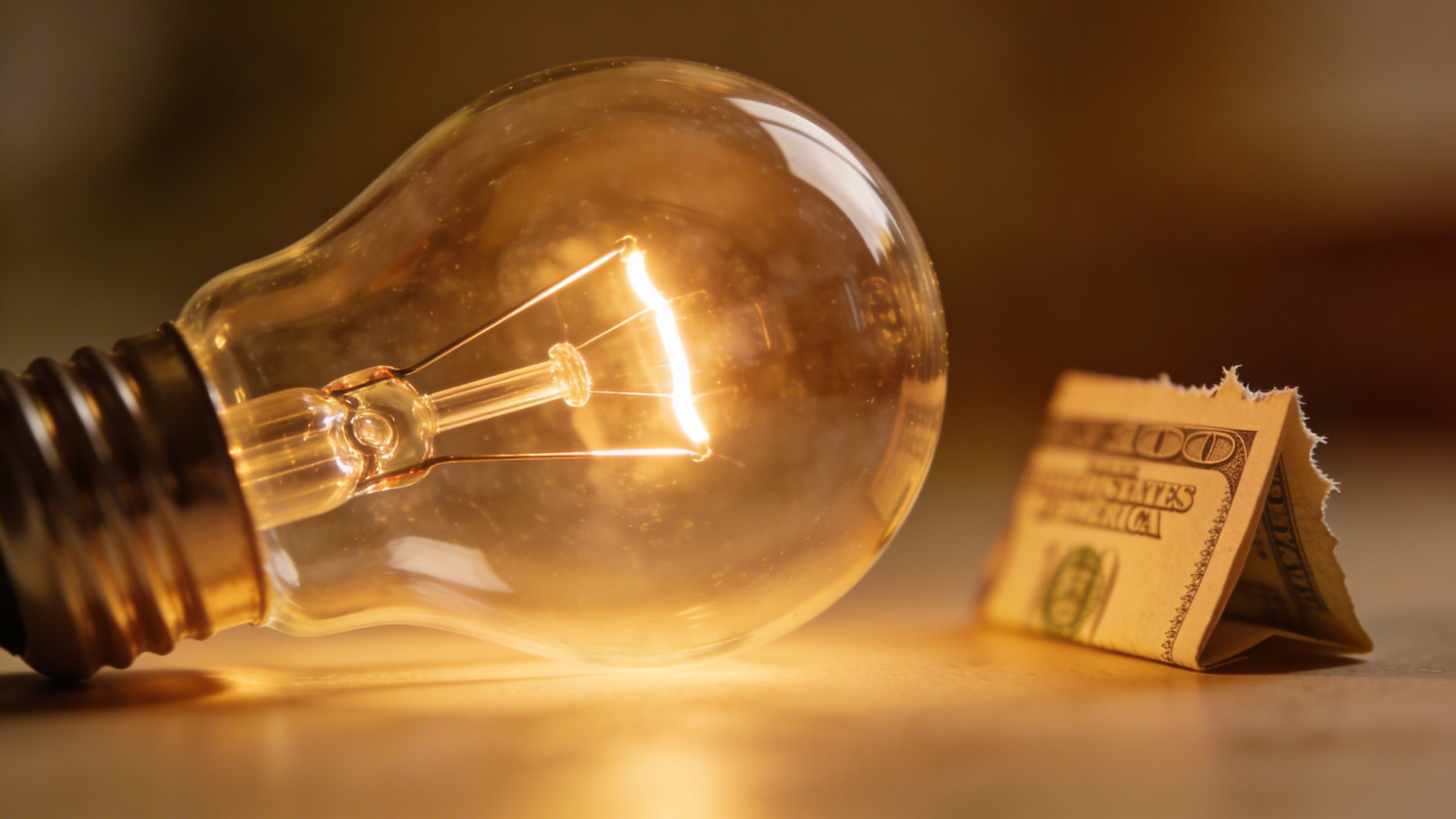 Close-up of a LED light bulb with a tiny emergency fund note in background