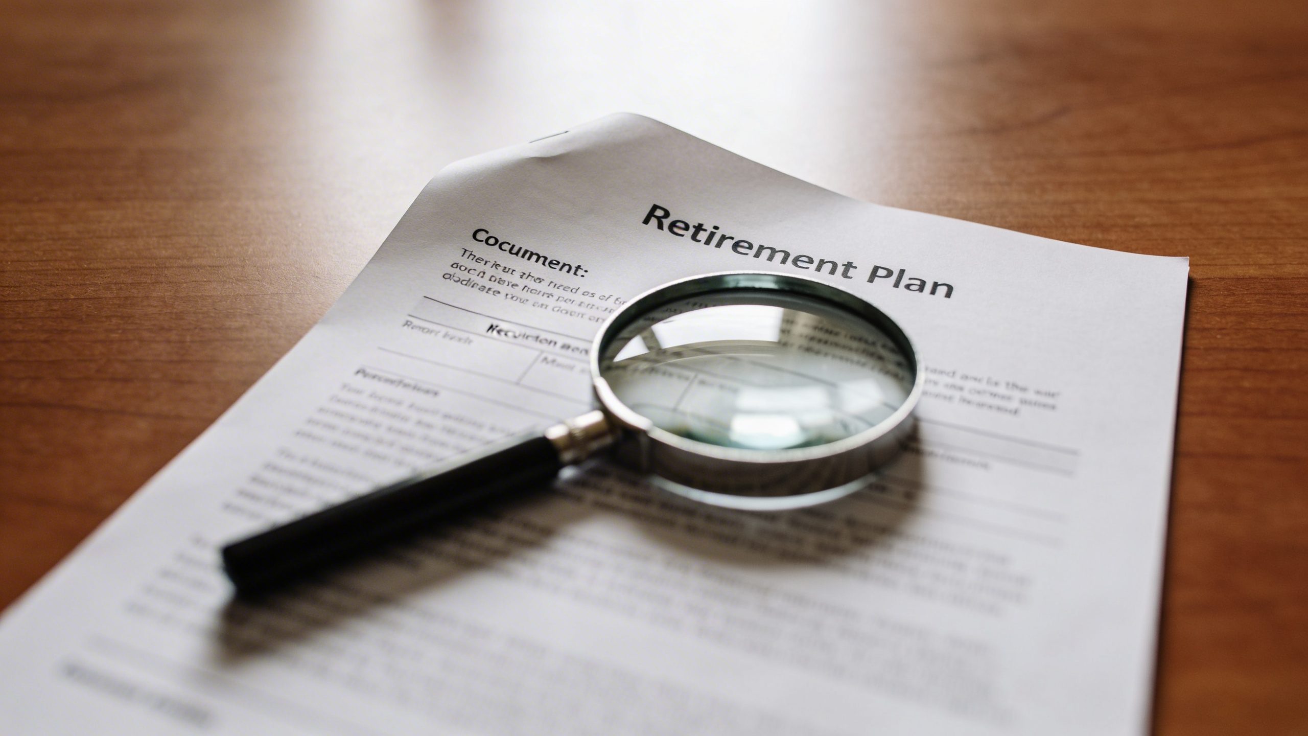 Closeup of a single retirement plan document on a desk with a magnifying glass