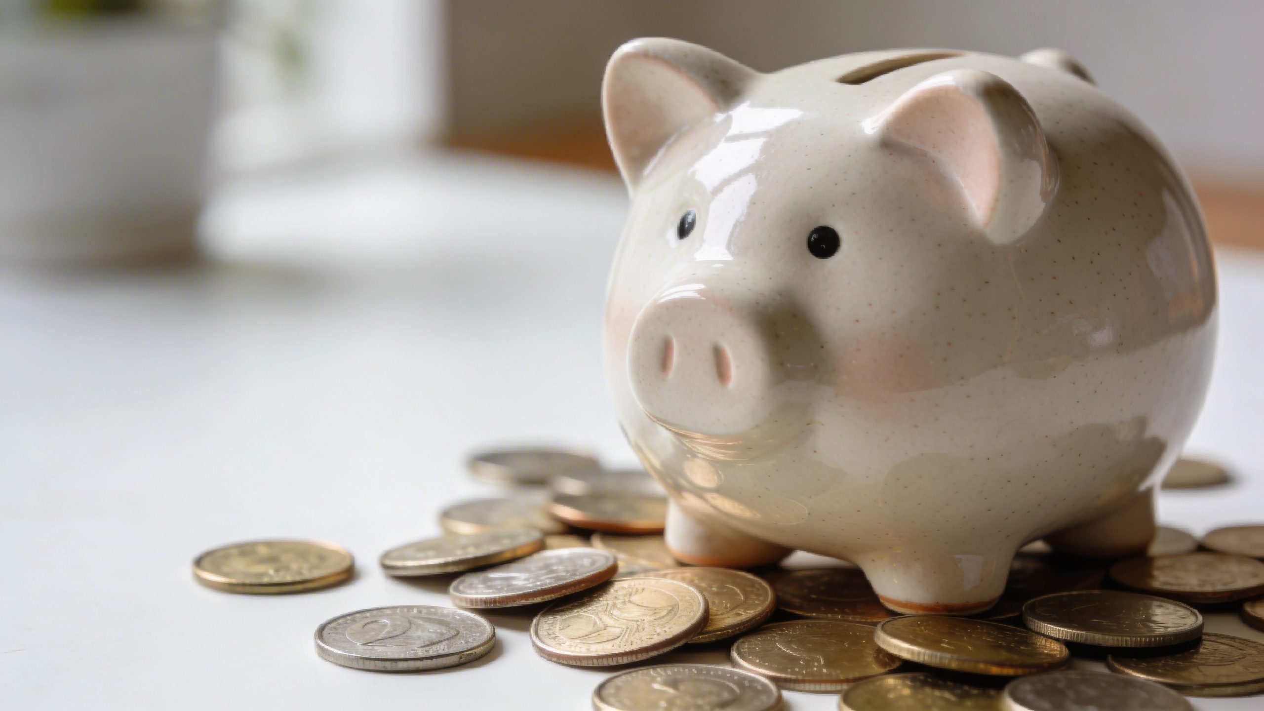 Ultra-close portrait of a single piggy bank with coins on white desk