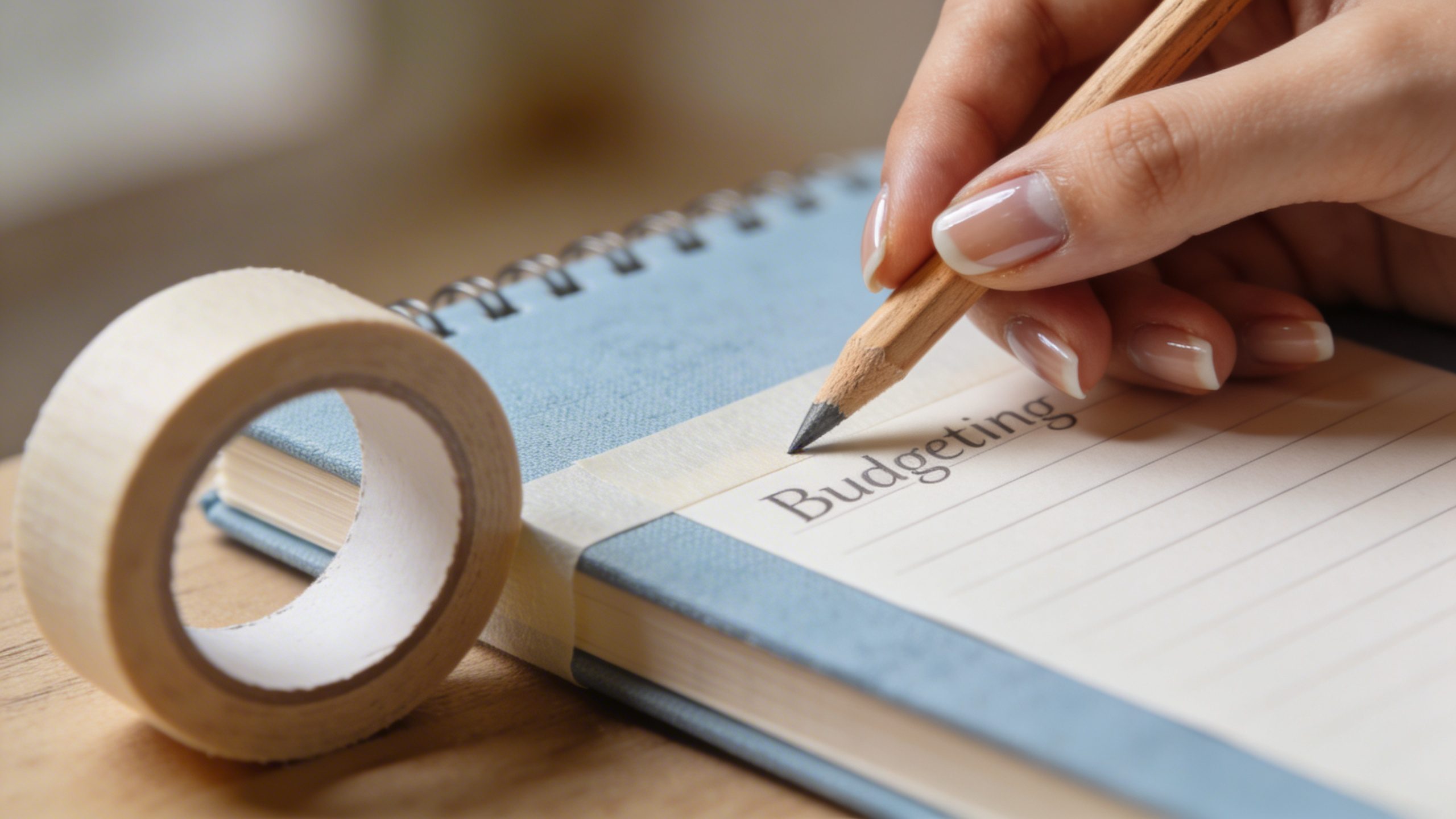 Closeup of a hand taping a budgeting notebook with a pencil