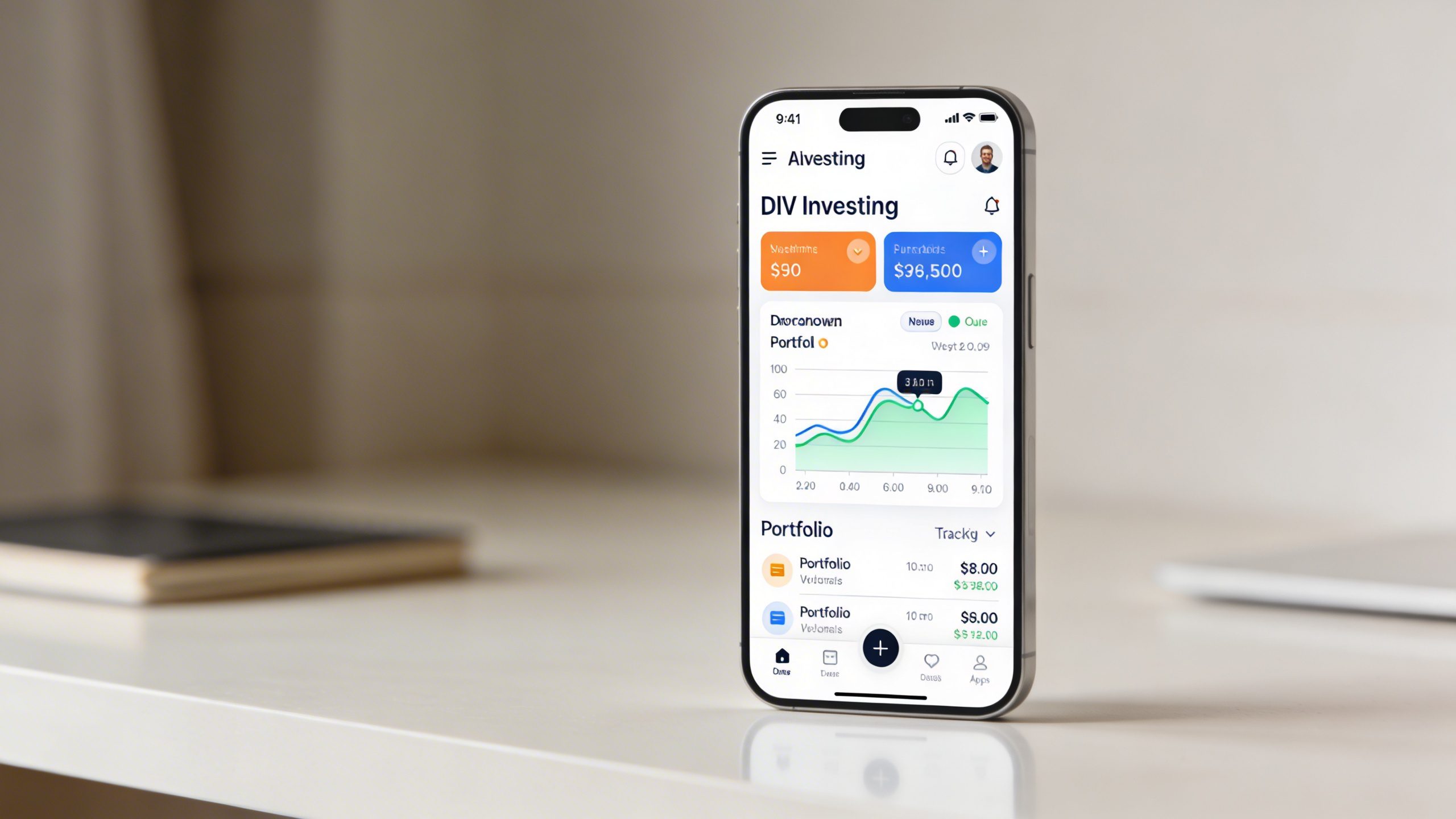 Closeup of a smartphone displaying a DIY investing app on a clean desk