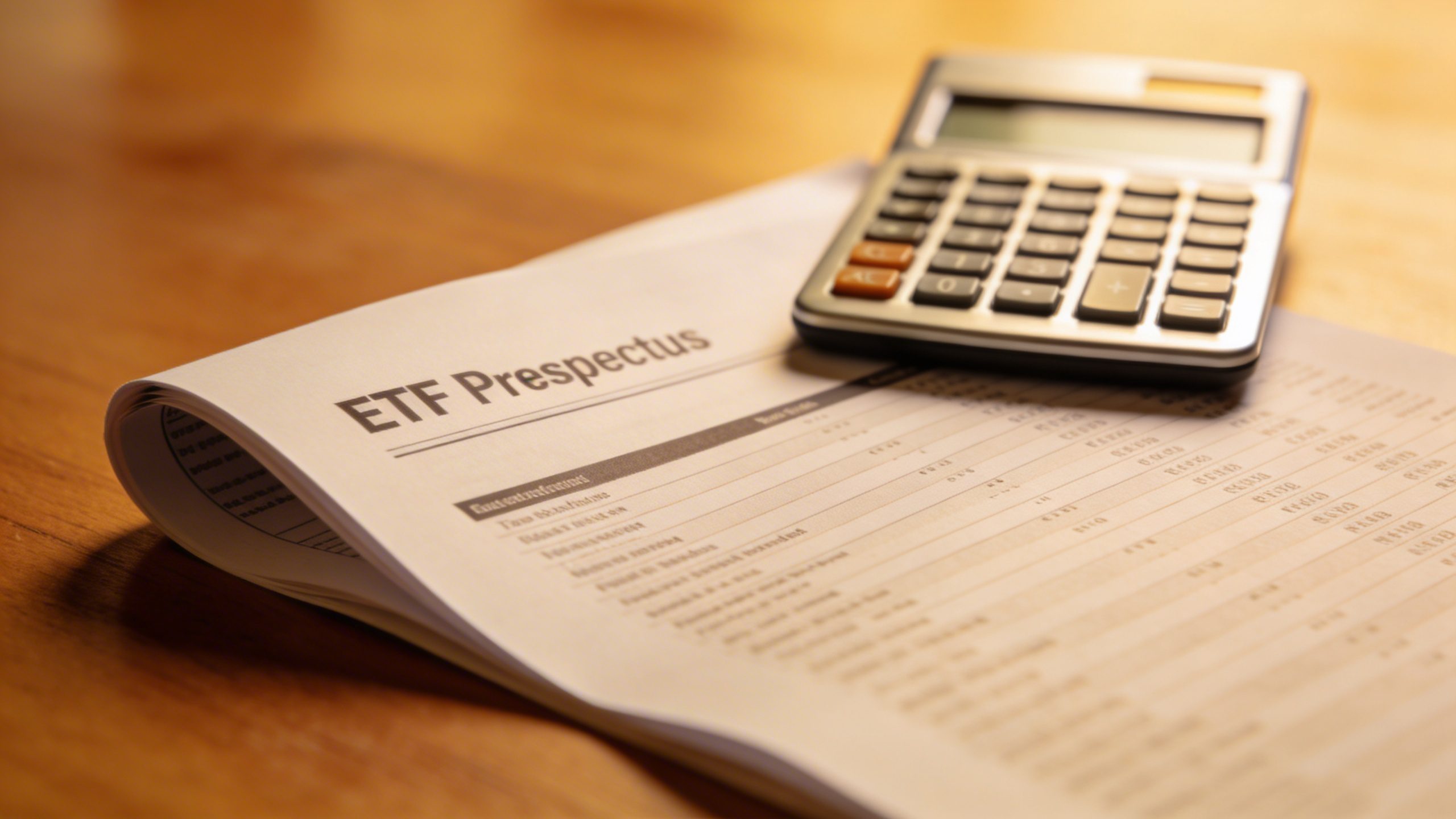 Closeup of a single ETF prospectus on desk with calculator