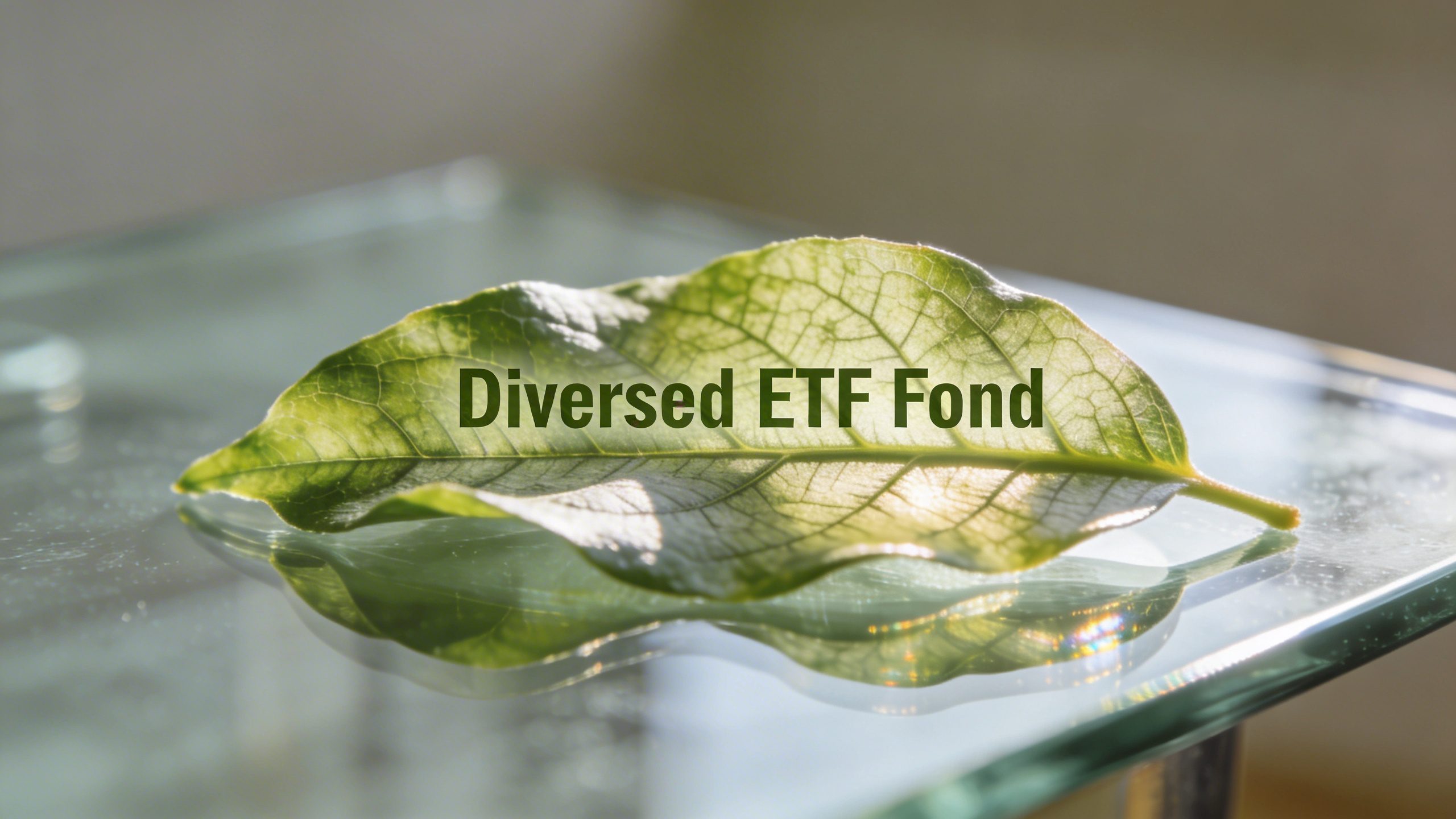 Closeup of a single diversified ETF fund leaf label on glass table