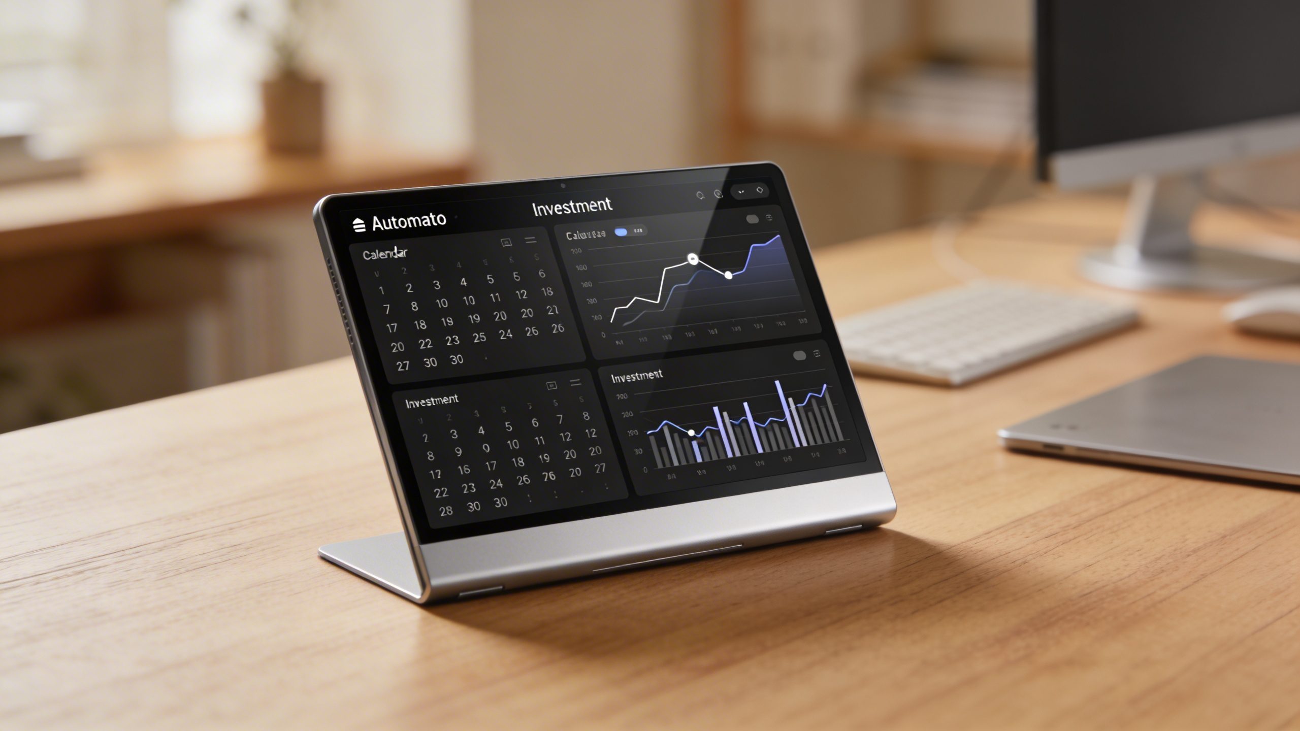 Closeup of an automated investment dashboard calendar on a desk
