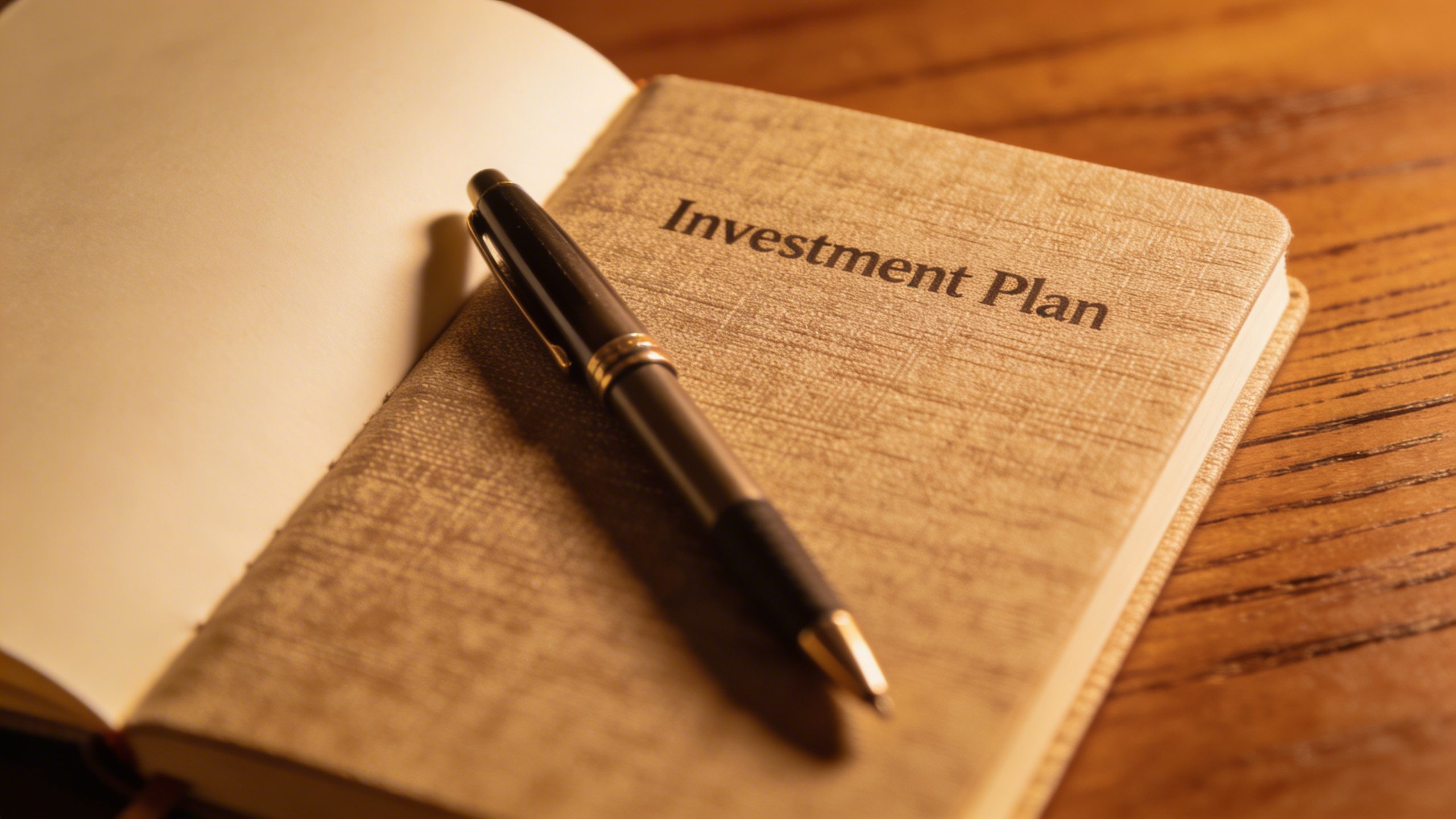 Closeup of a single investment plan notebook with a pen on a wooden desk