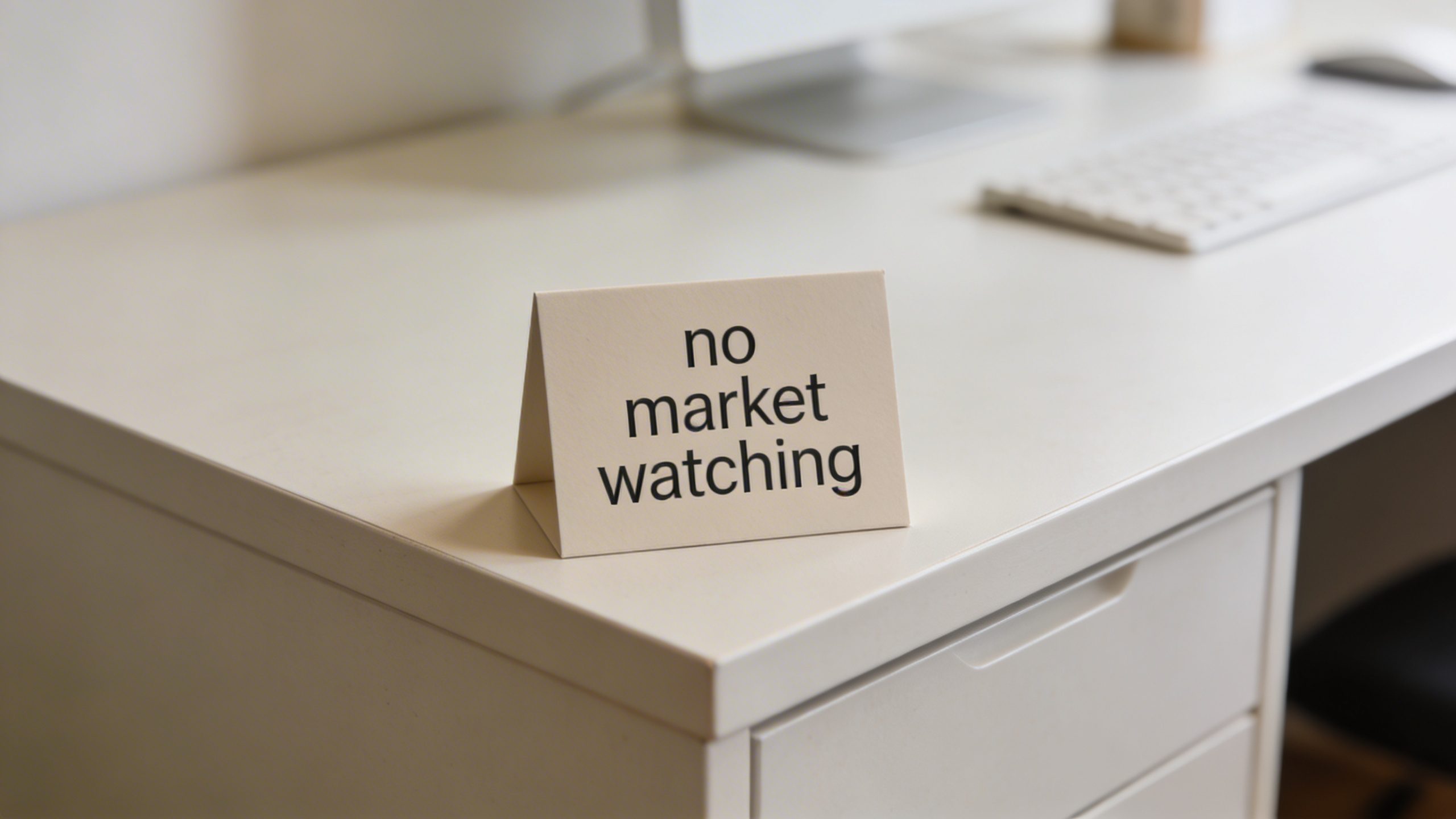 closeup of a single boring, tidy desk with a discreet, labeled “no market watching” sign