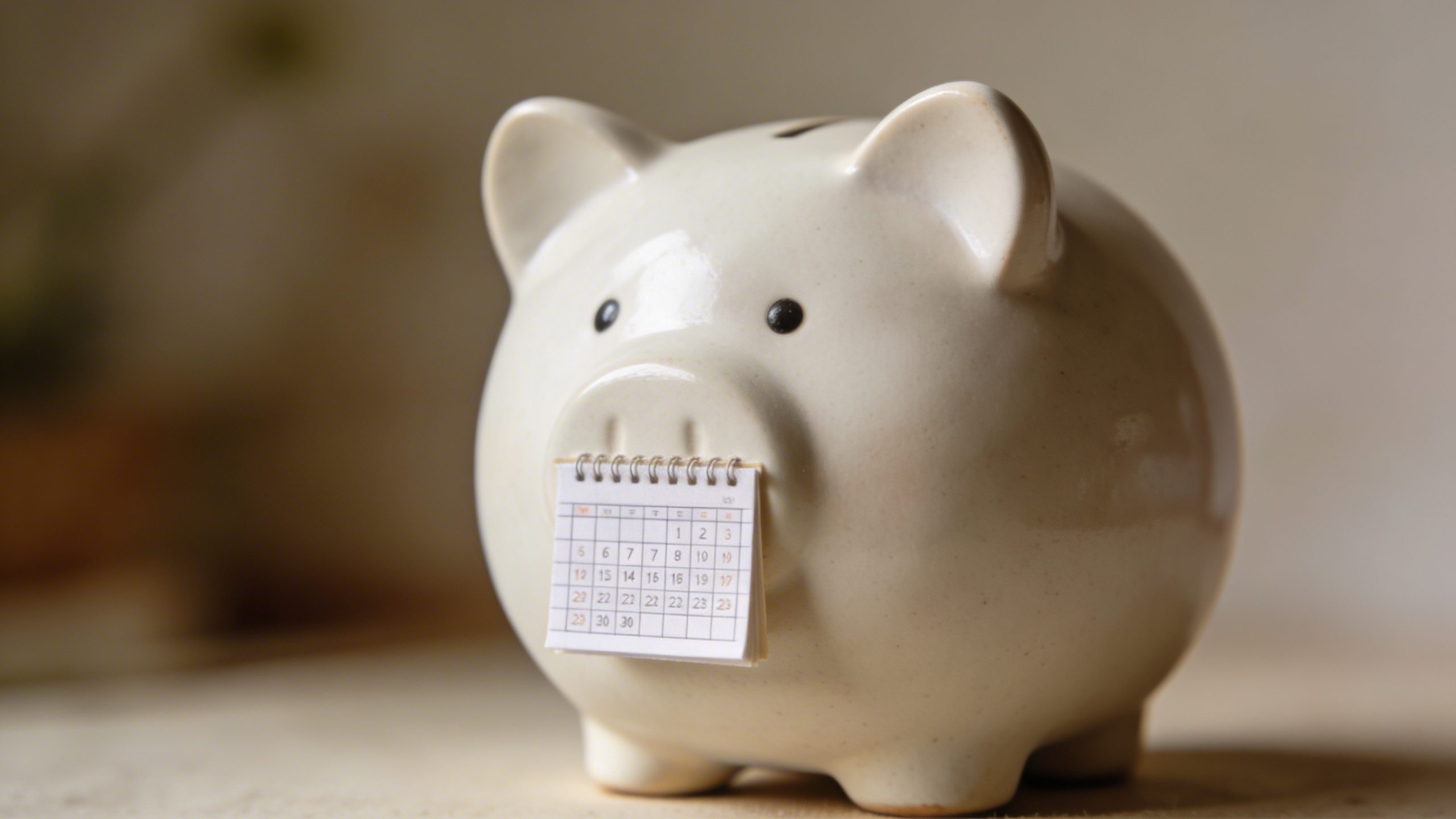 Closeup of a single round piggy bank with a tiny calendar