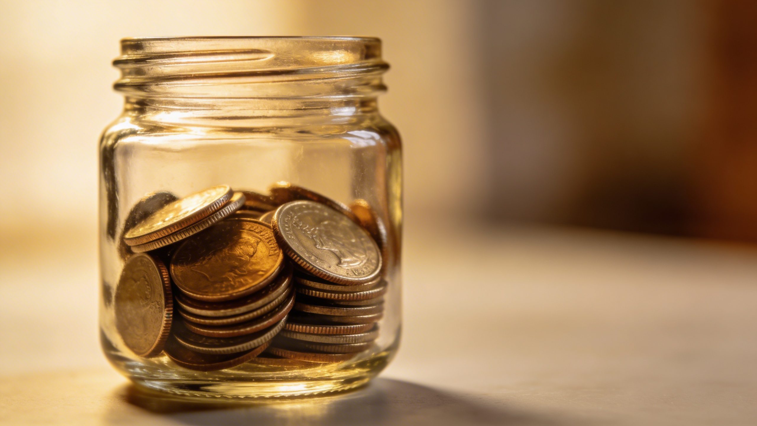 Closeup of a single glass jar labeled “Micro-Save” with coins