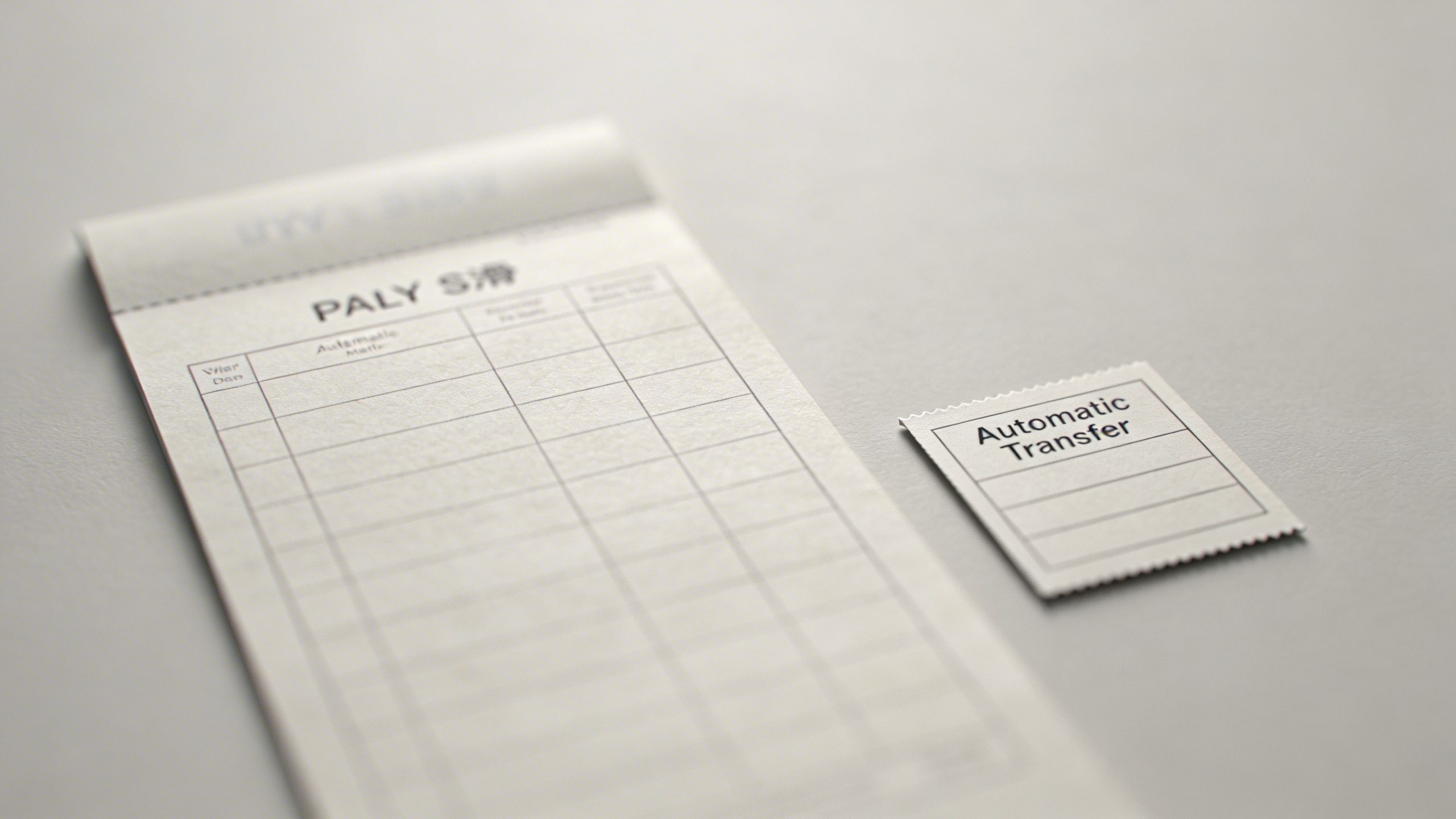 Closeup of a single payday slip next to a small automatic transfer note