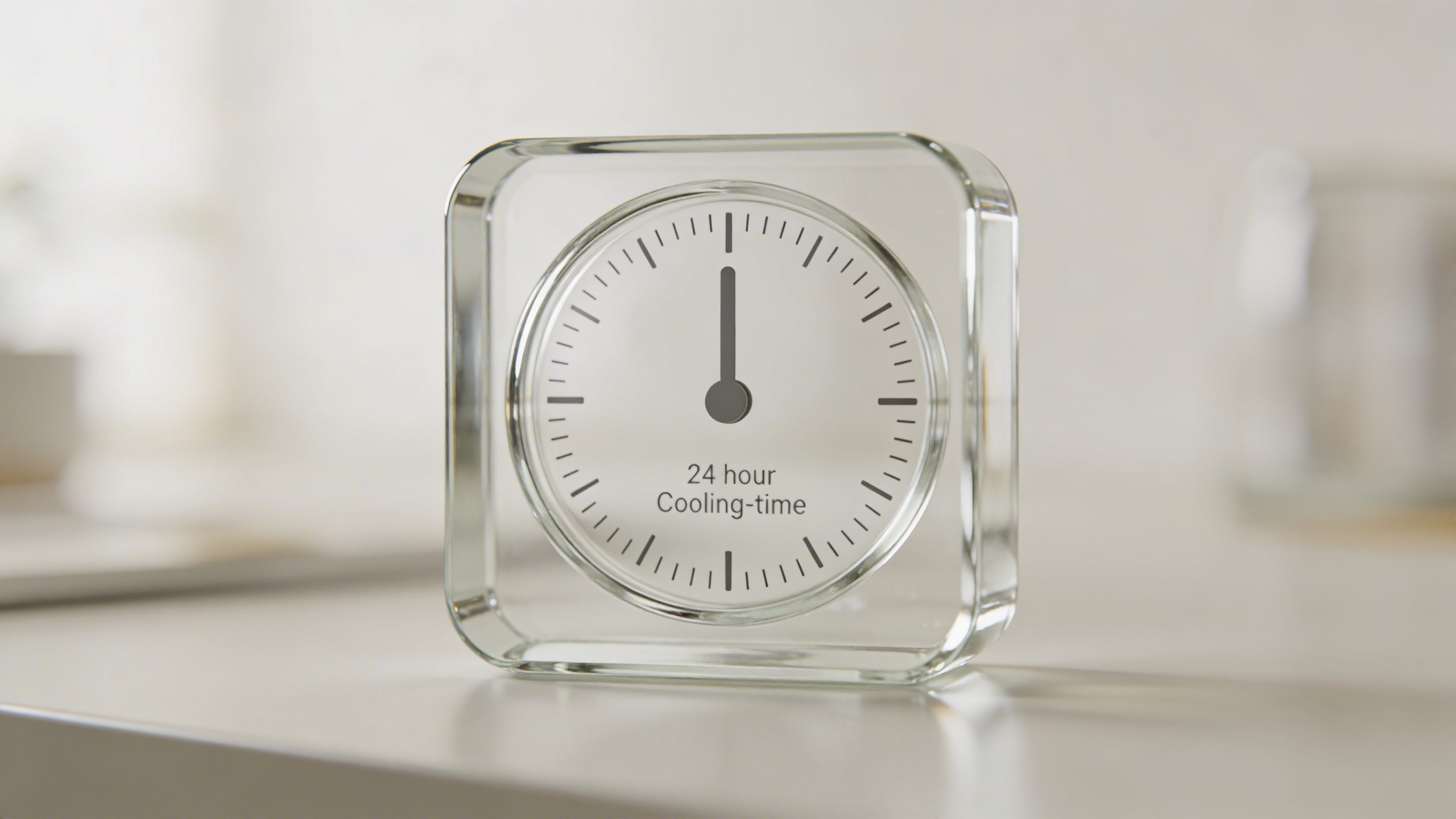 Focused shot of a glass 24-hour cooling-off timer with minimalist clock design