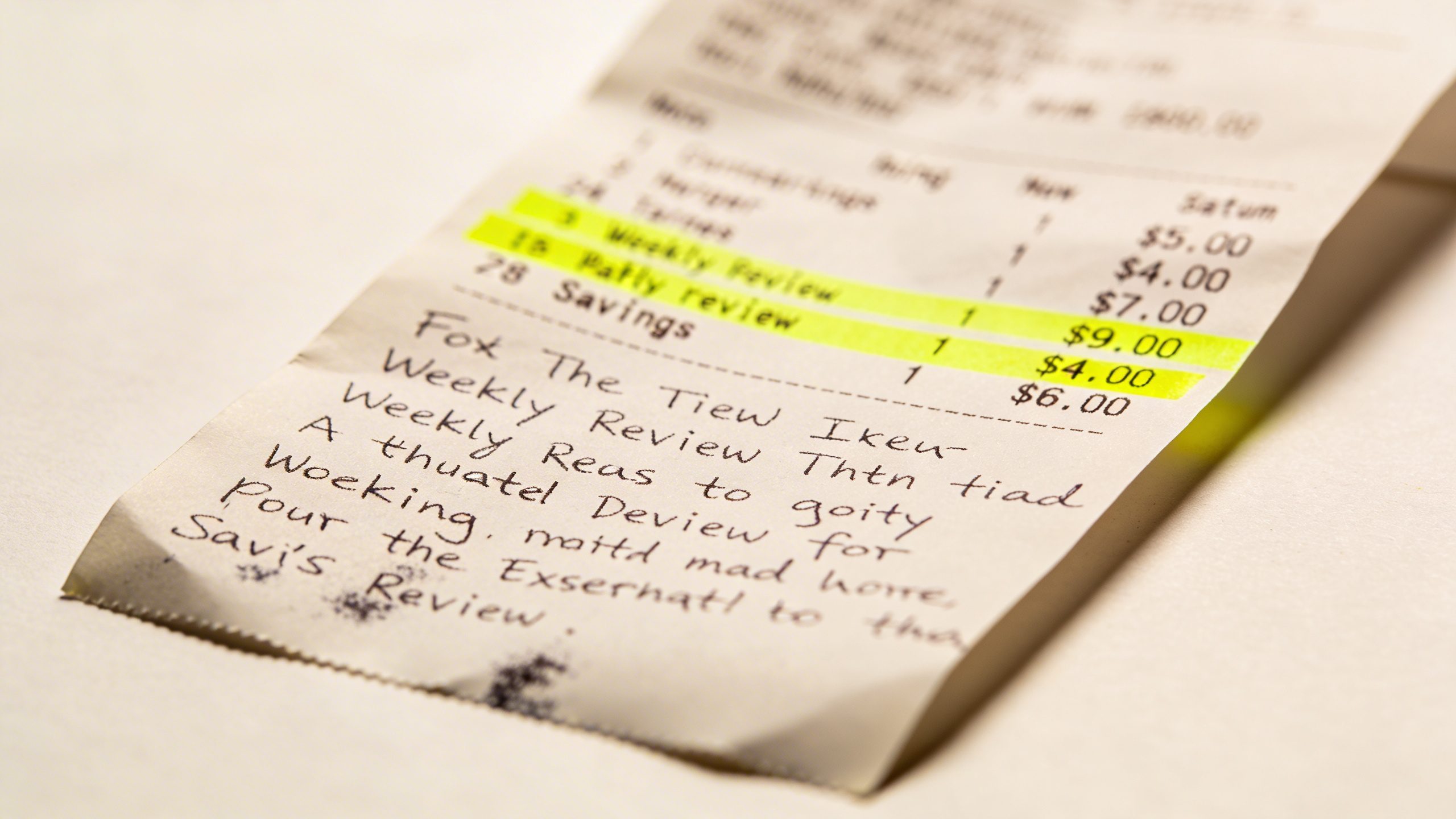 Close-up of receipt with weekly review notes and highlighted savings on a plain surface