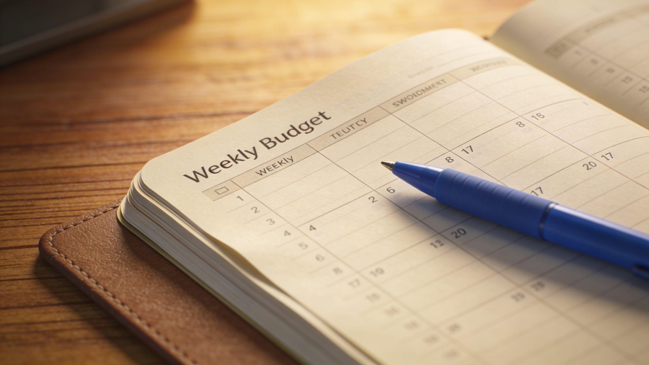 closeup of a weekly budget notebook with a blue pen on a wooden desk