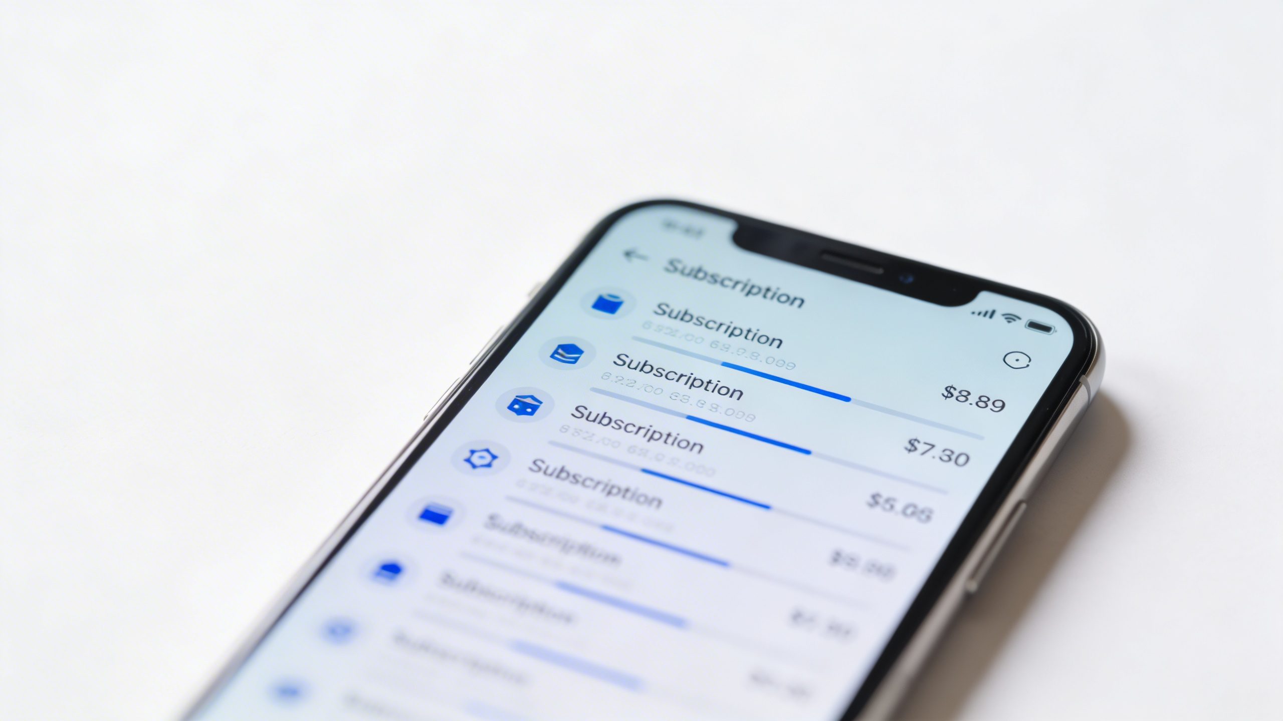 closeup of a single smartphone screen showing a subscription list in a finance app