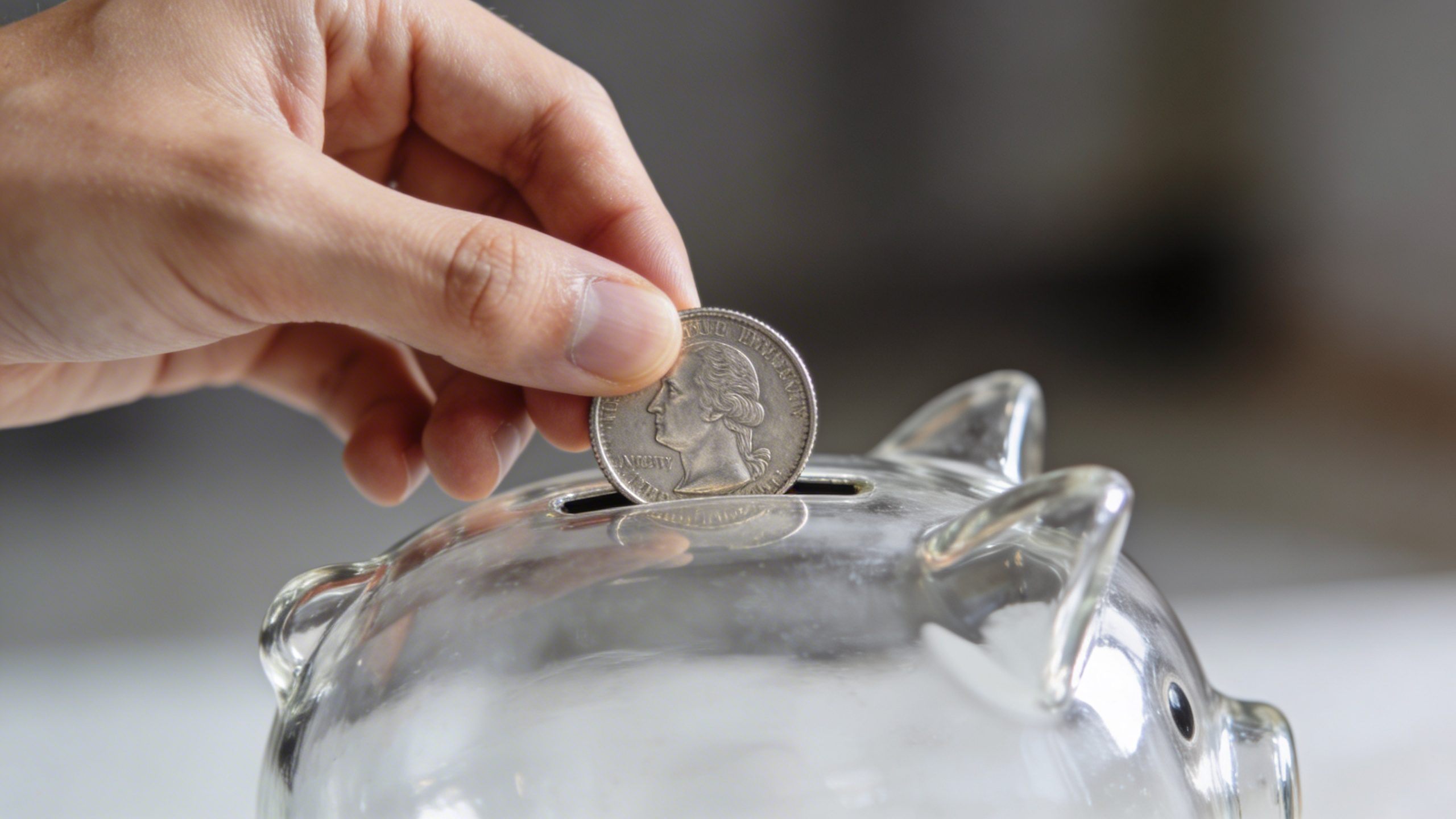 Closeup of a hand placing a coin into a transparent piggy bank