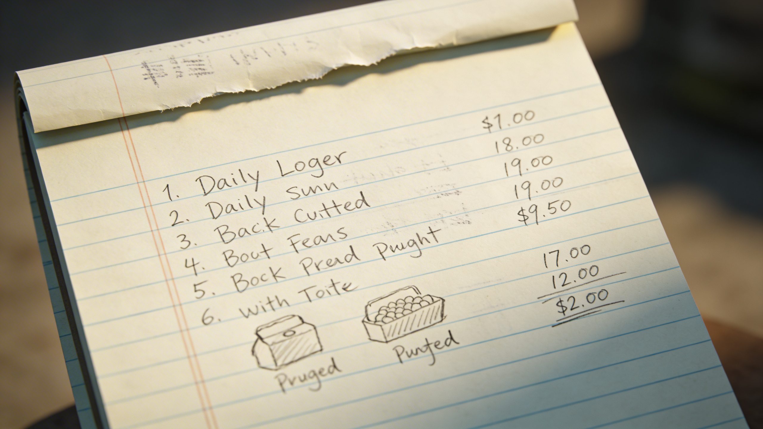 Closeup of a single notebook page showing a daily expense log detail