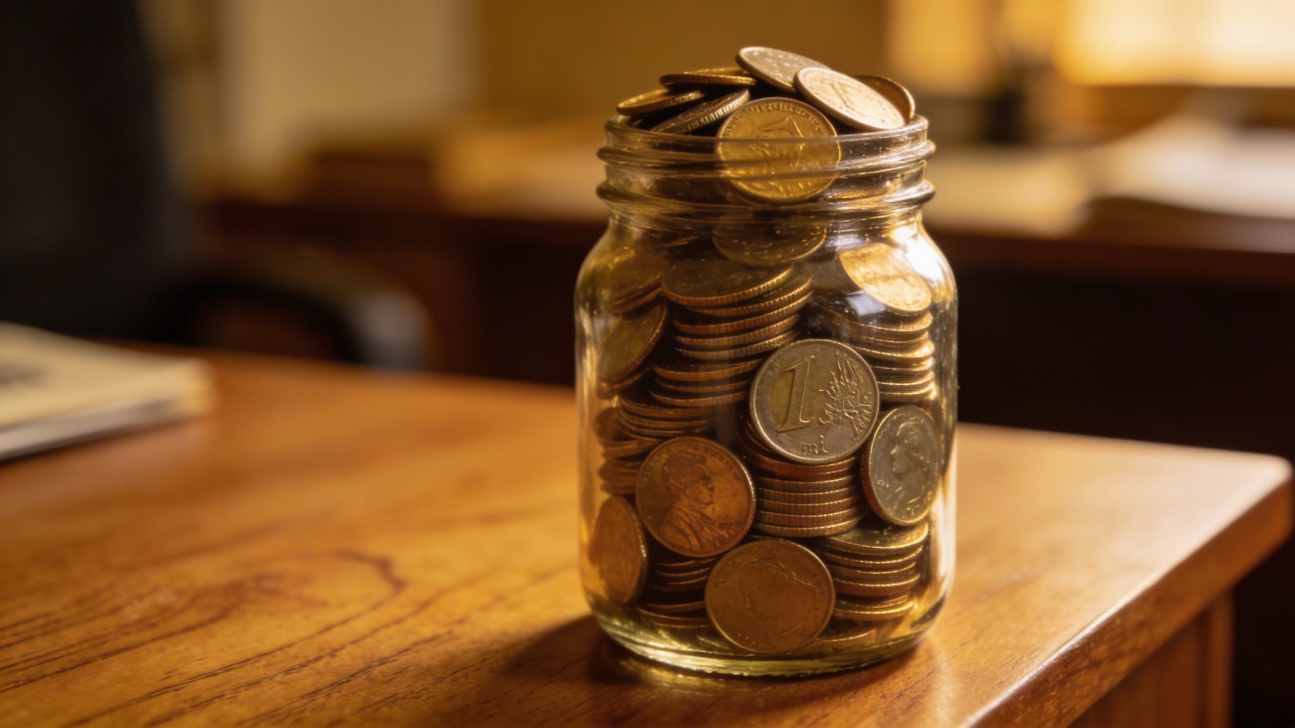 closeup of a single jar filled with coins on a wooden desk
