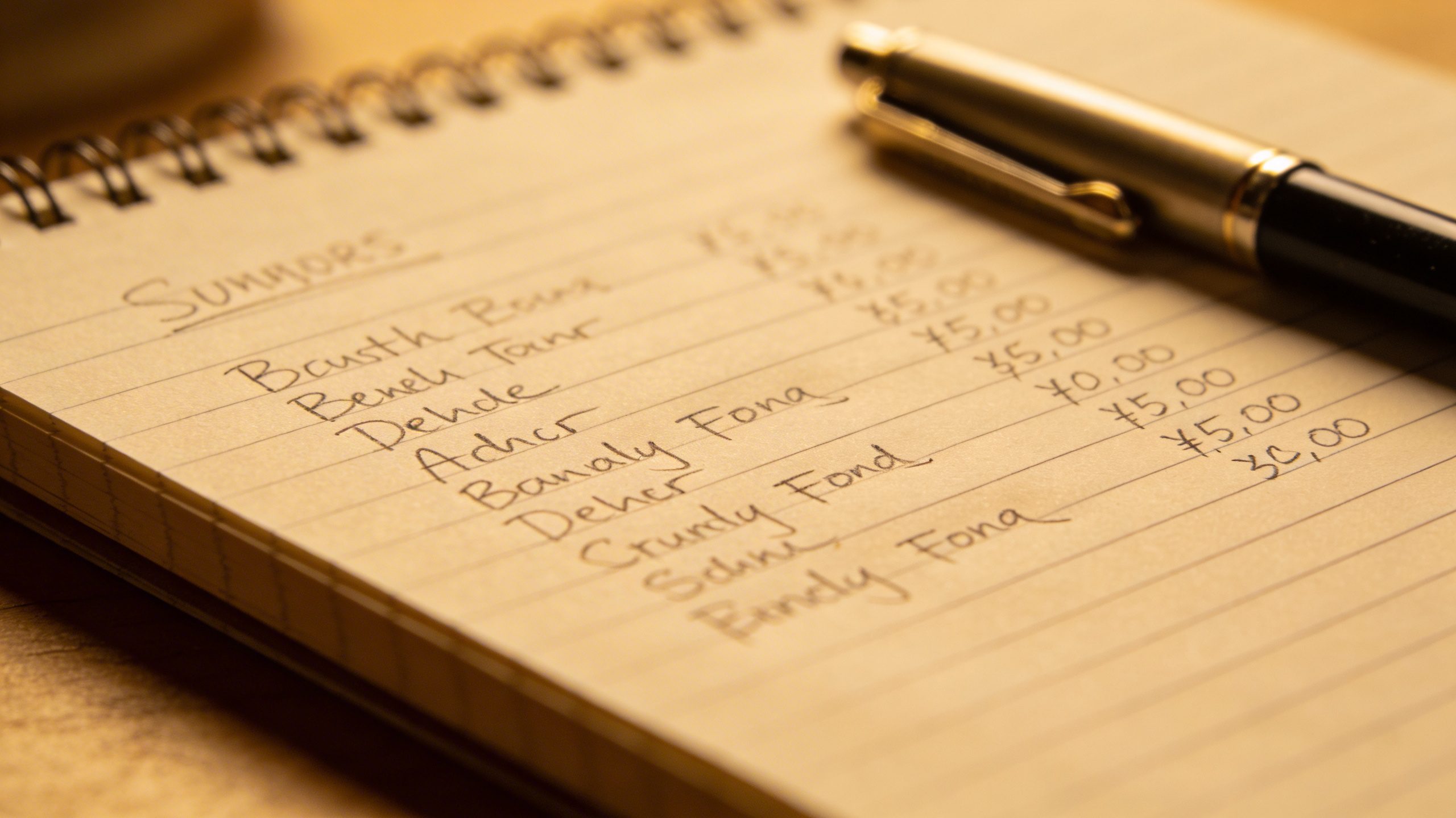 Closeup of a notebook with handwritten expenses and a pen
