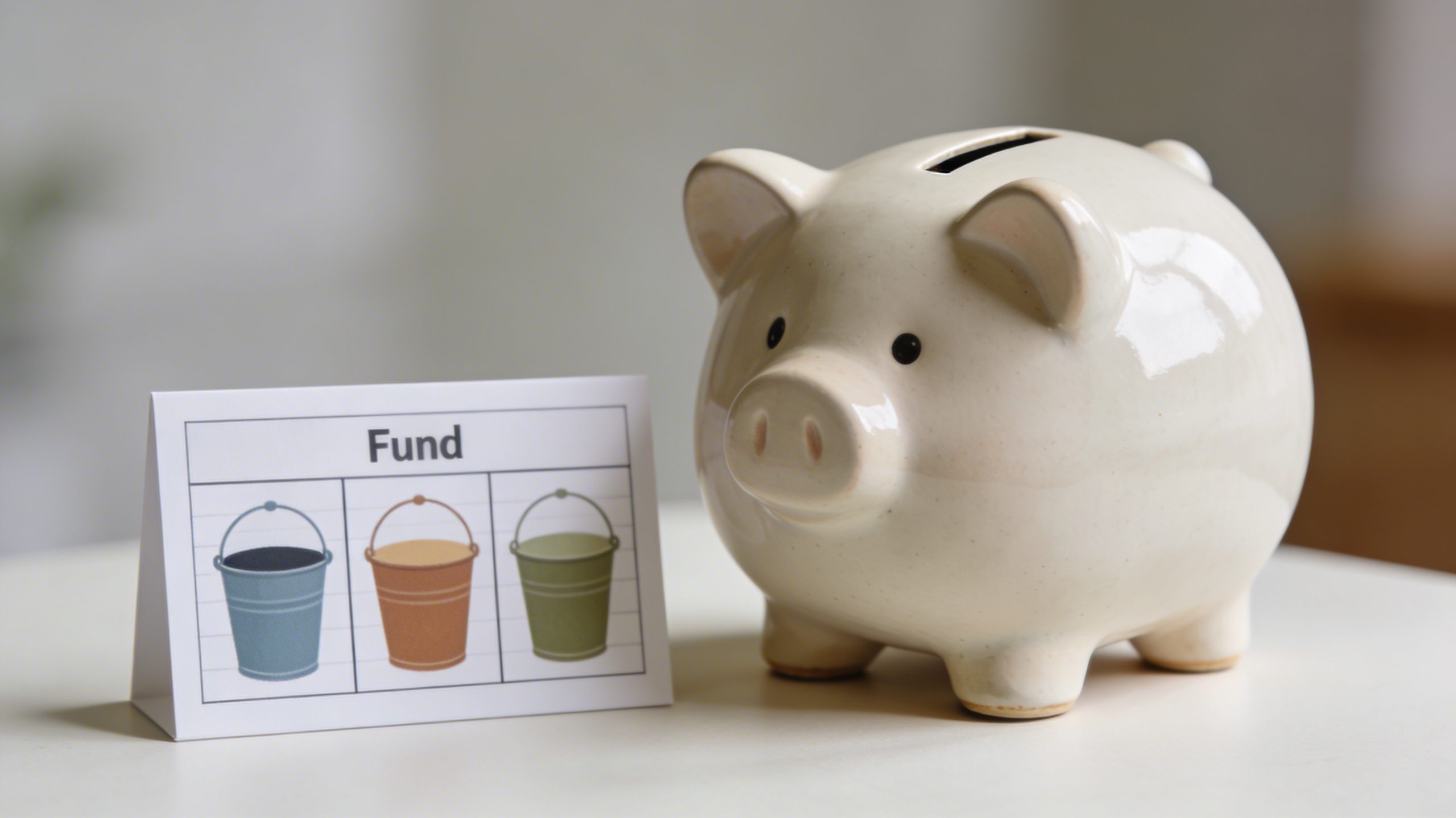 Closeup of a piggy bank beside a labeled three-bucket fund chart