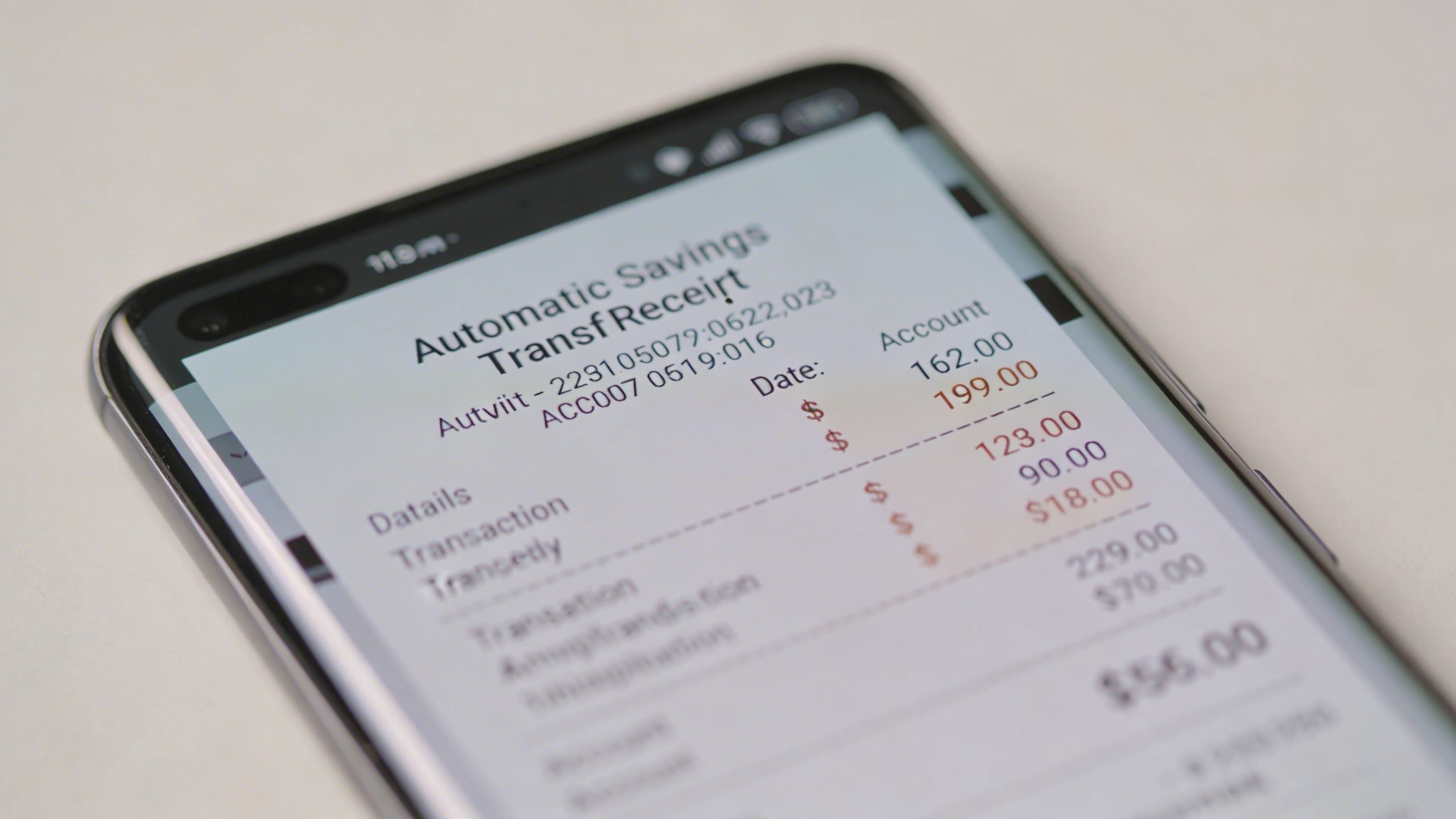 Closeup of a single automatic savings transfer receipt on a smartphone screen