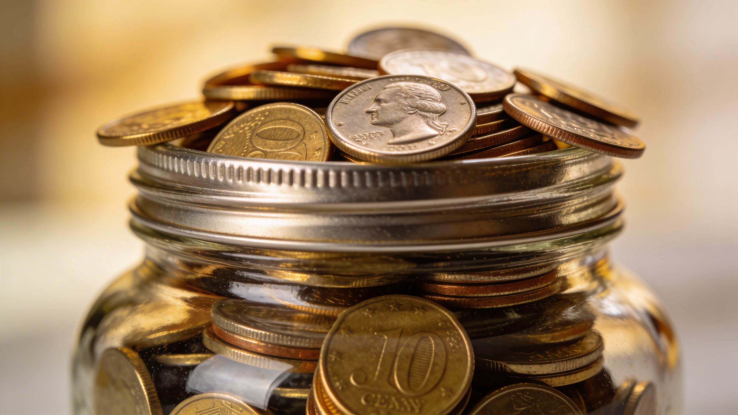 Closeup of a glass jar labeled “Savings” with coins