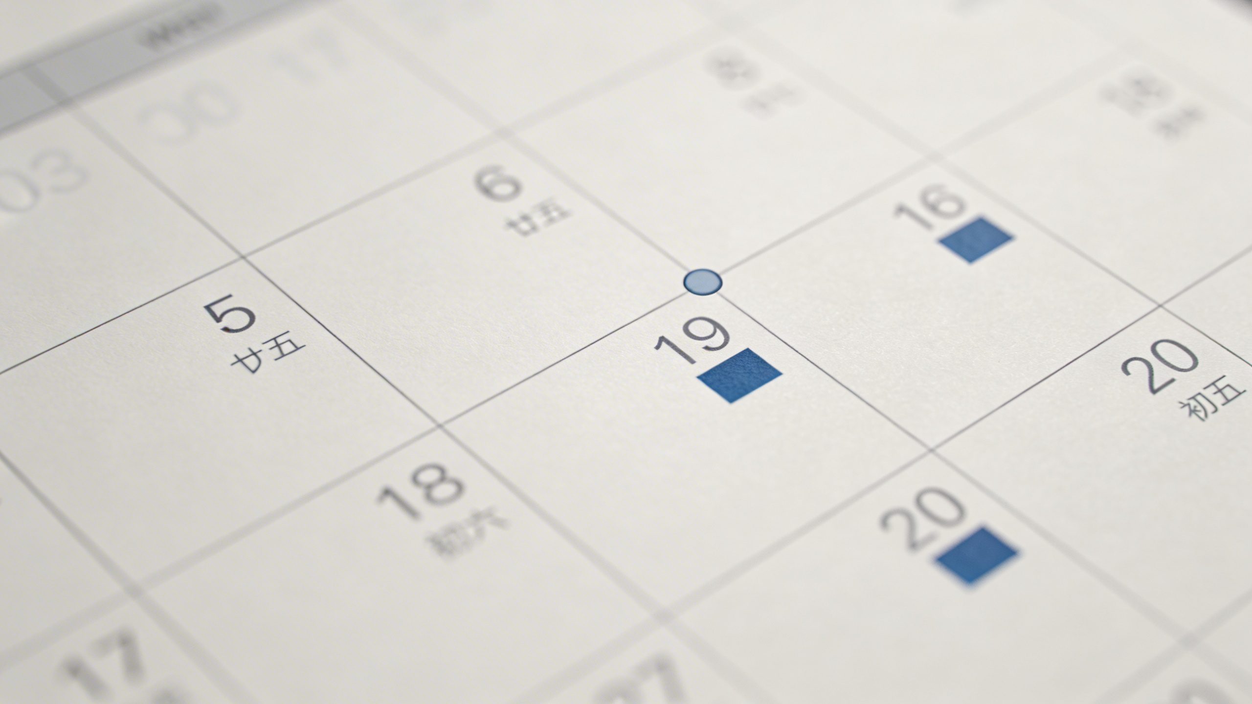 Closeup of a minimalist calendar marking paydays and budget split