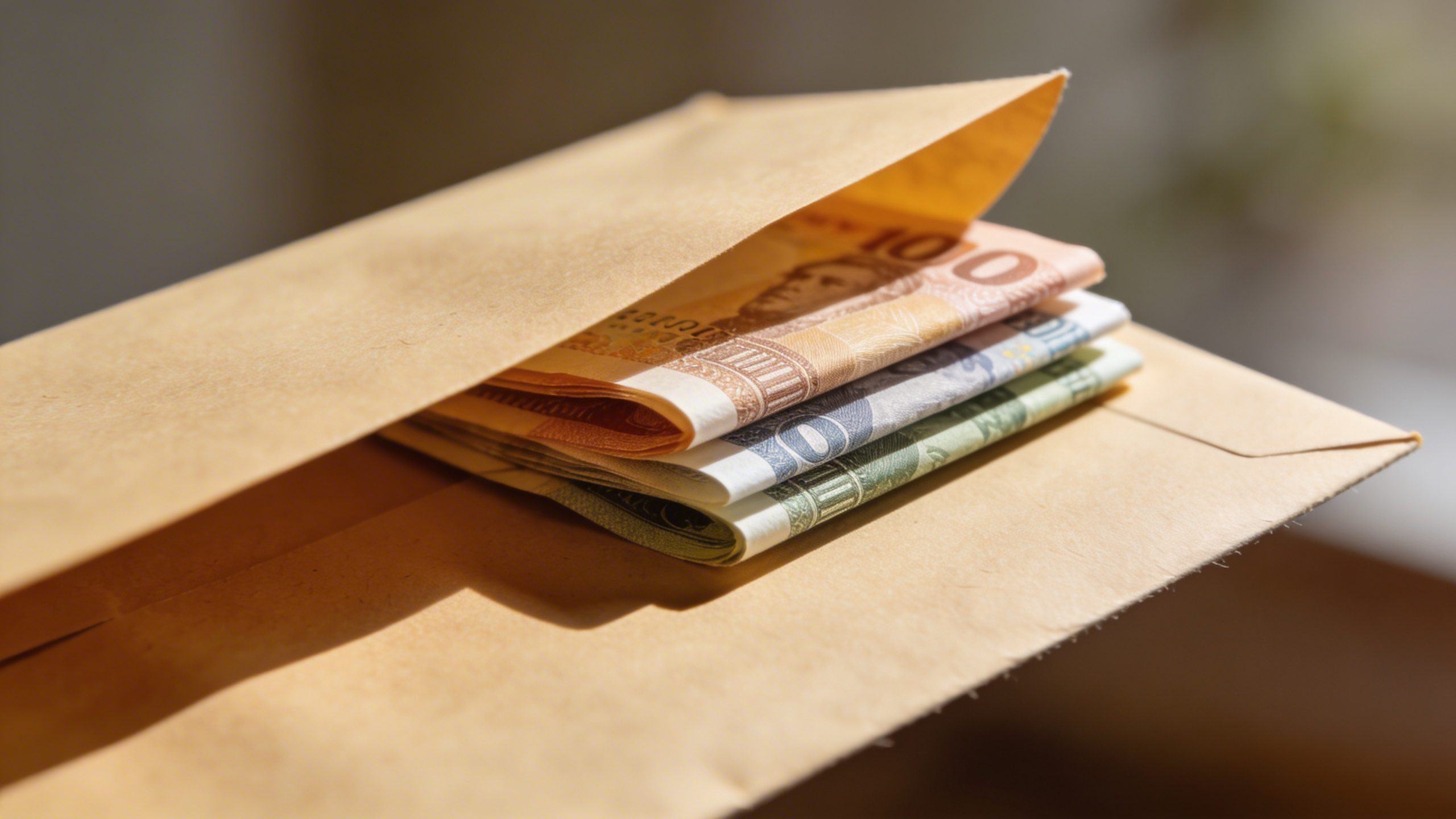 Closeup of labeled cash envelope being opened, focus on visible currency inside
