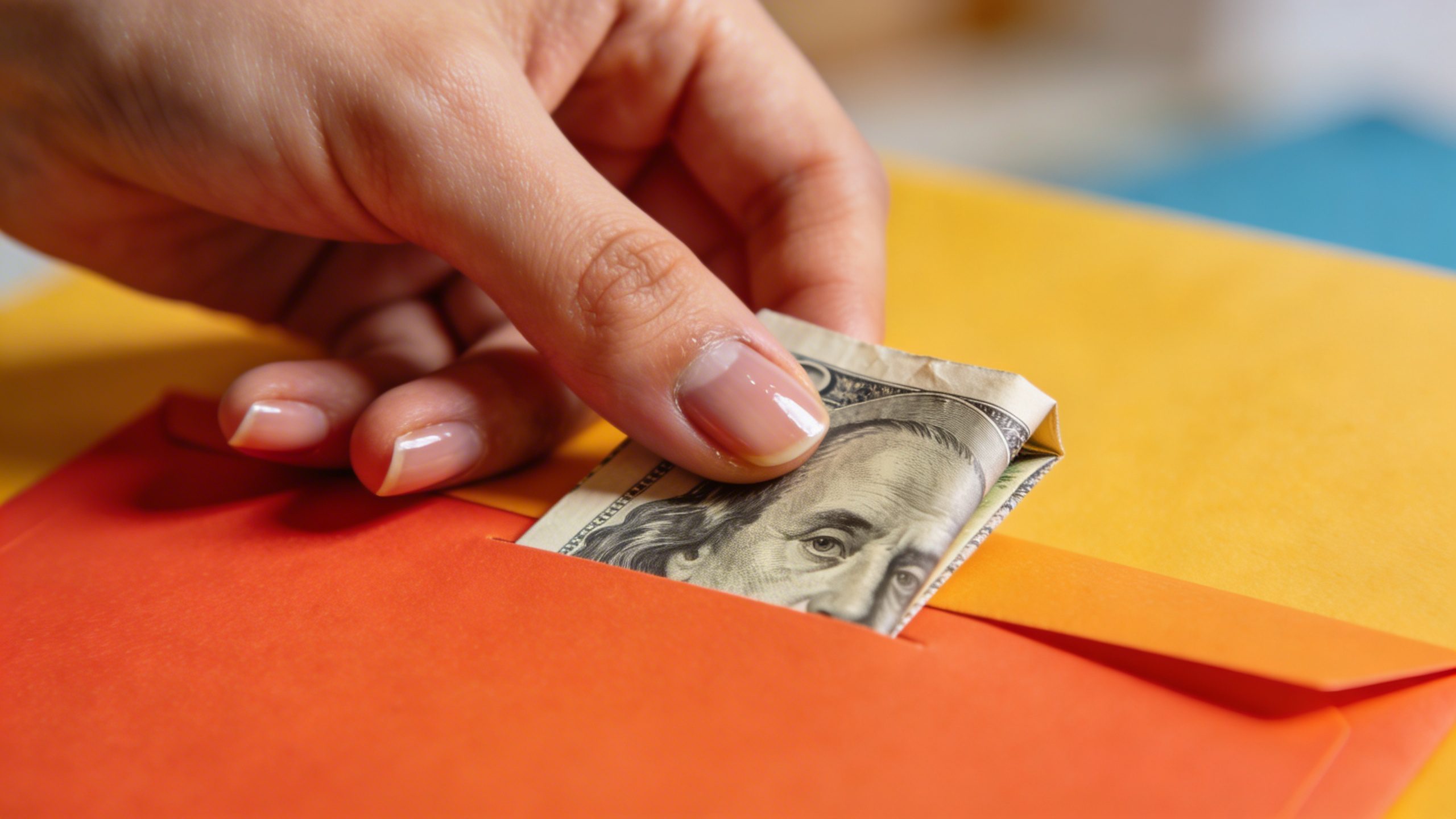 Closeup of hand placing a folded bill into a bright color-coded envelope