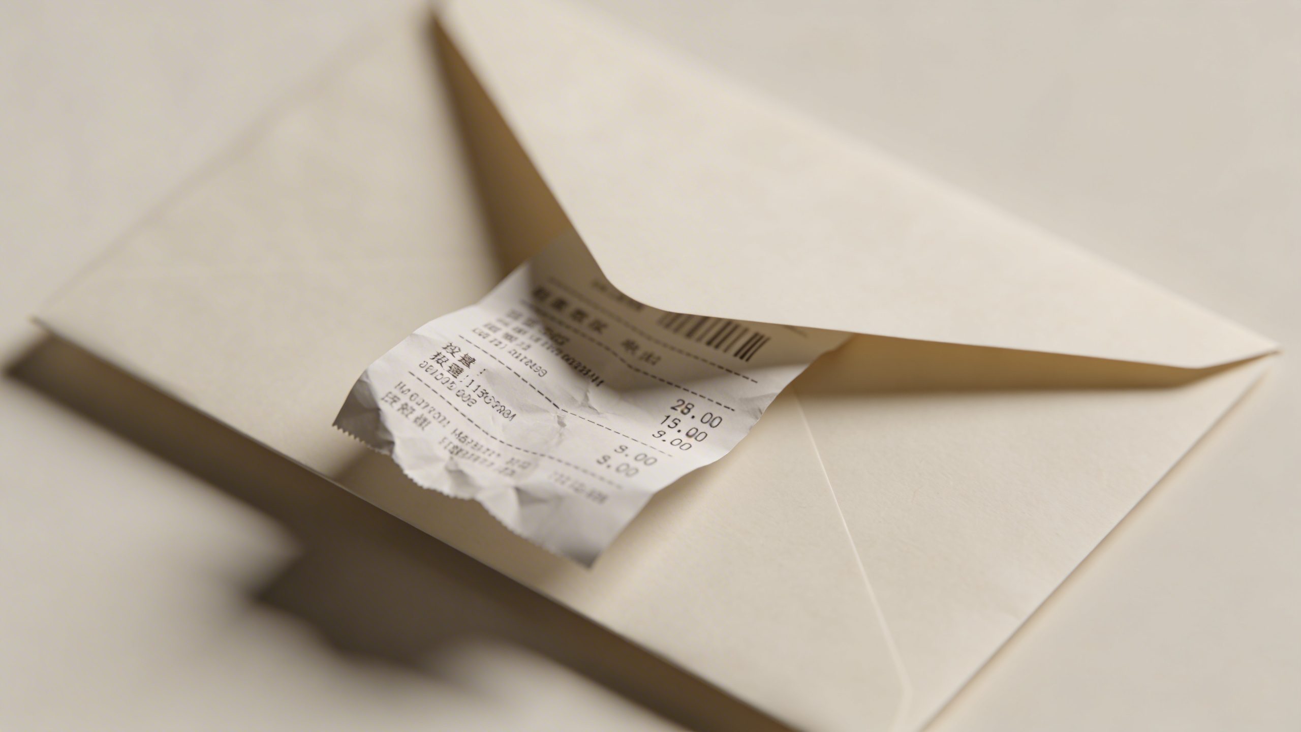 Closeup of an empty envelope with a single spent receipt peeking out, shallow depth of field