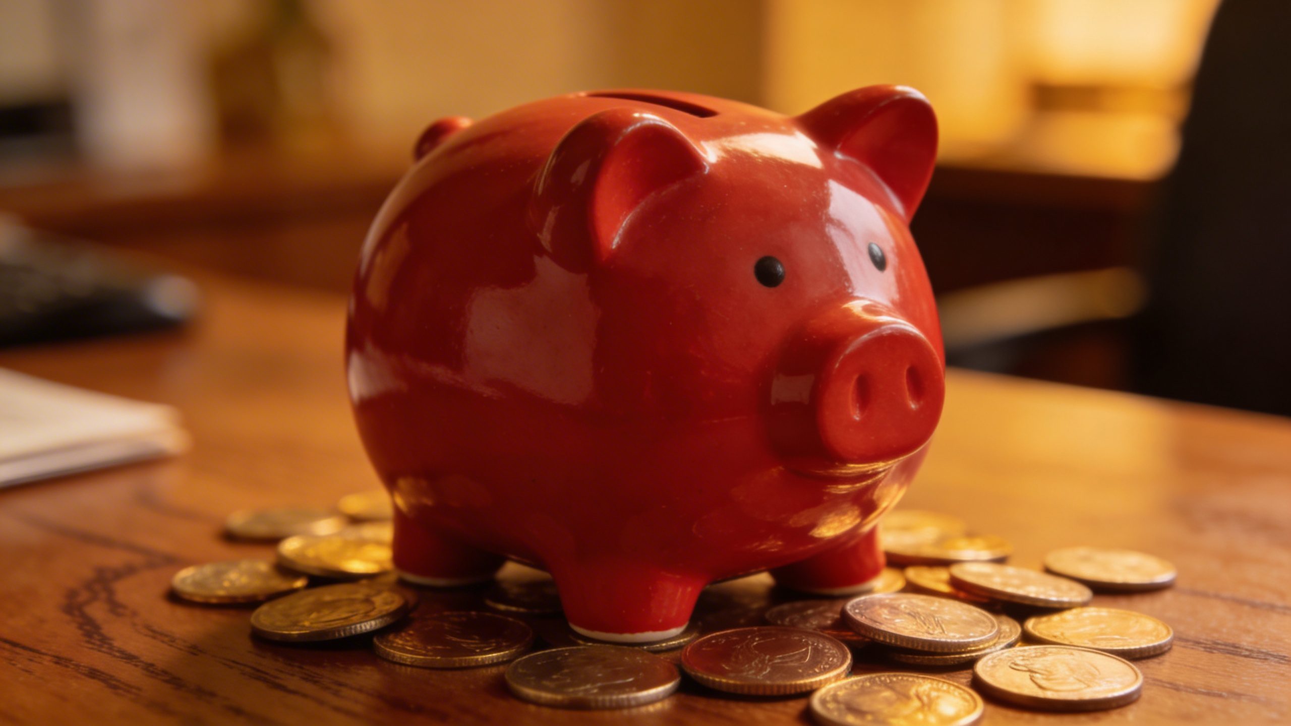 closeup of a single red piggy bank with coins on a wooden desk