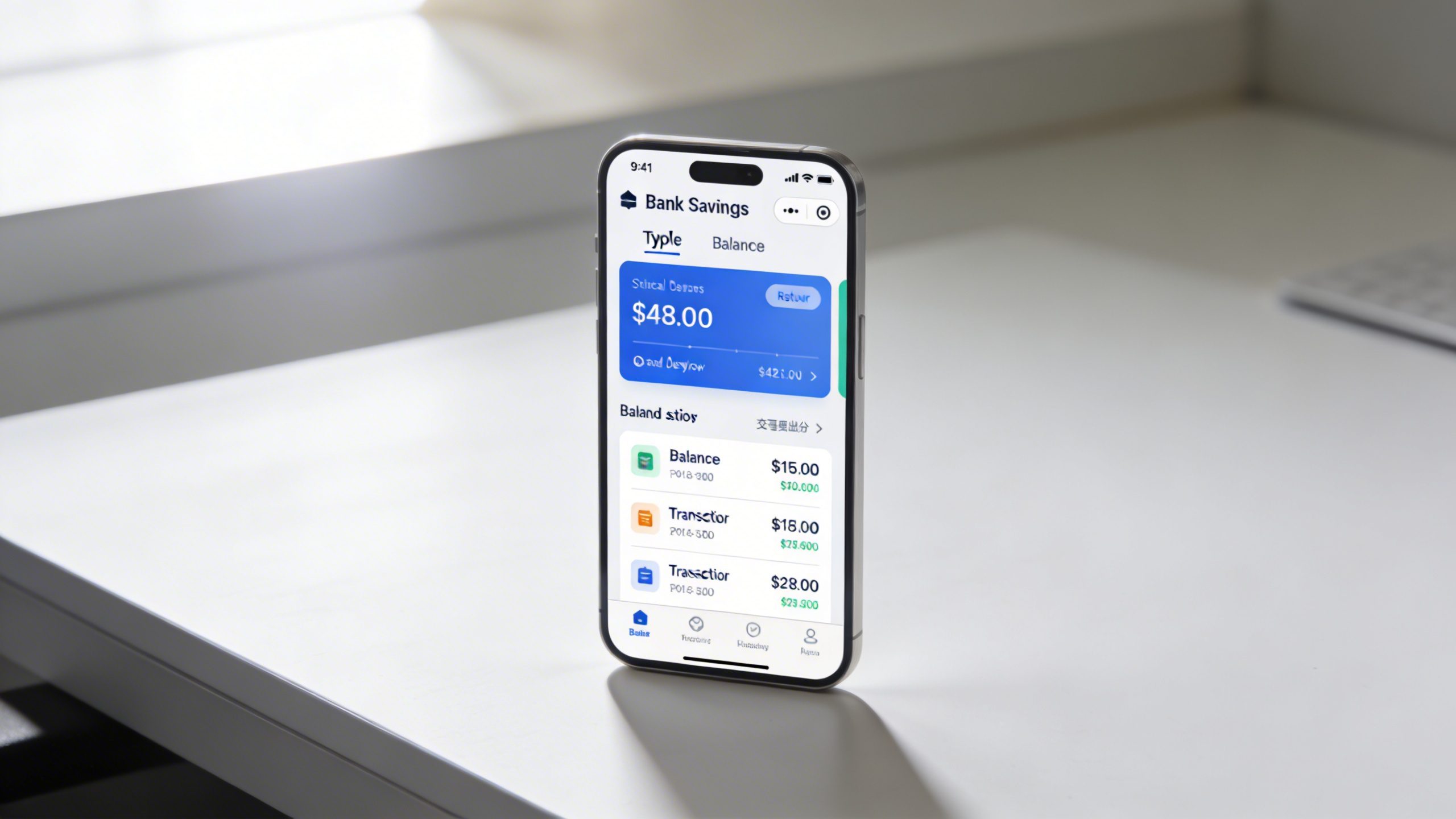 closeup of a lone smartphone displaying a bank savings app on a clean desk