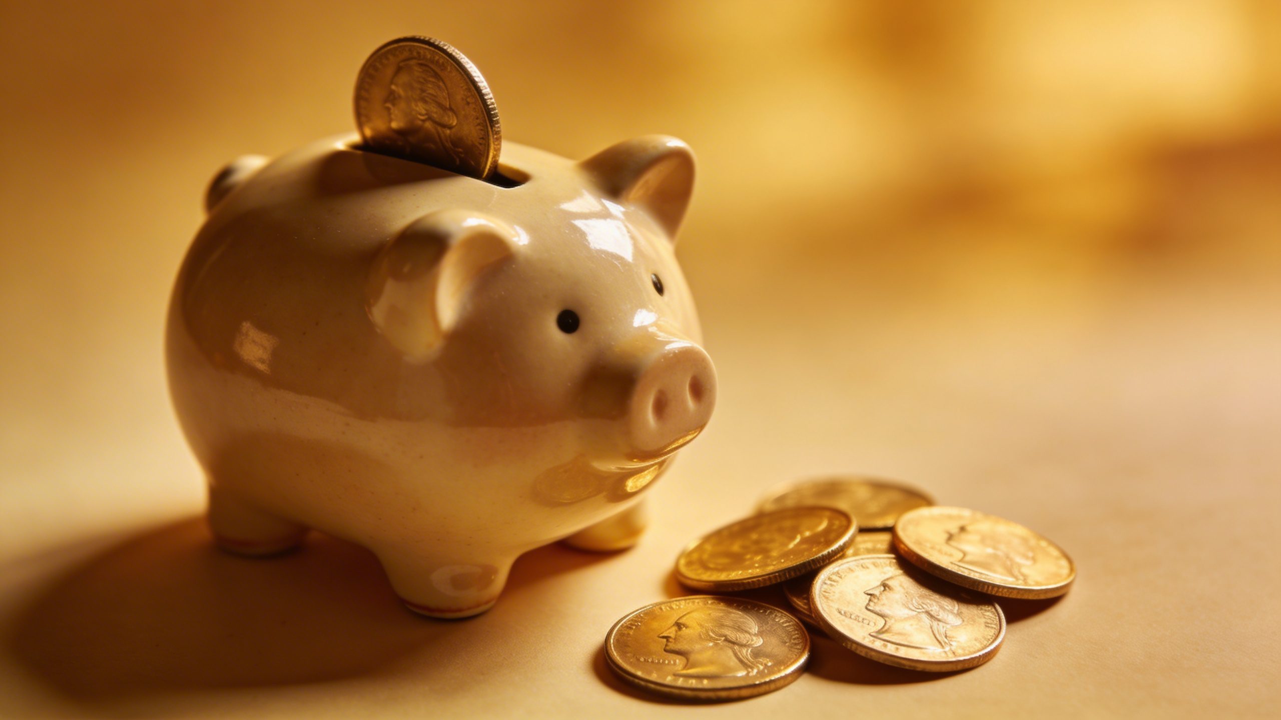 Focused shot of a single piggy bank and crisp coins