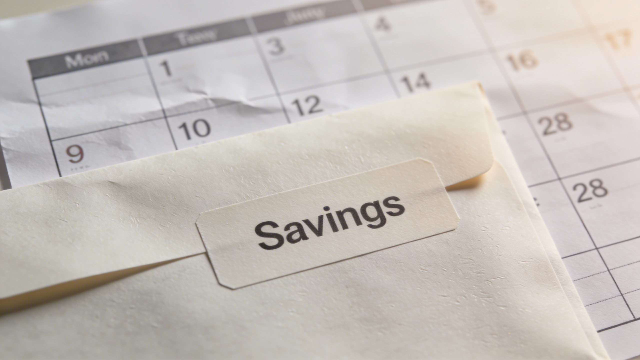 closeup of a single labeled savings envelope with a calendar behind