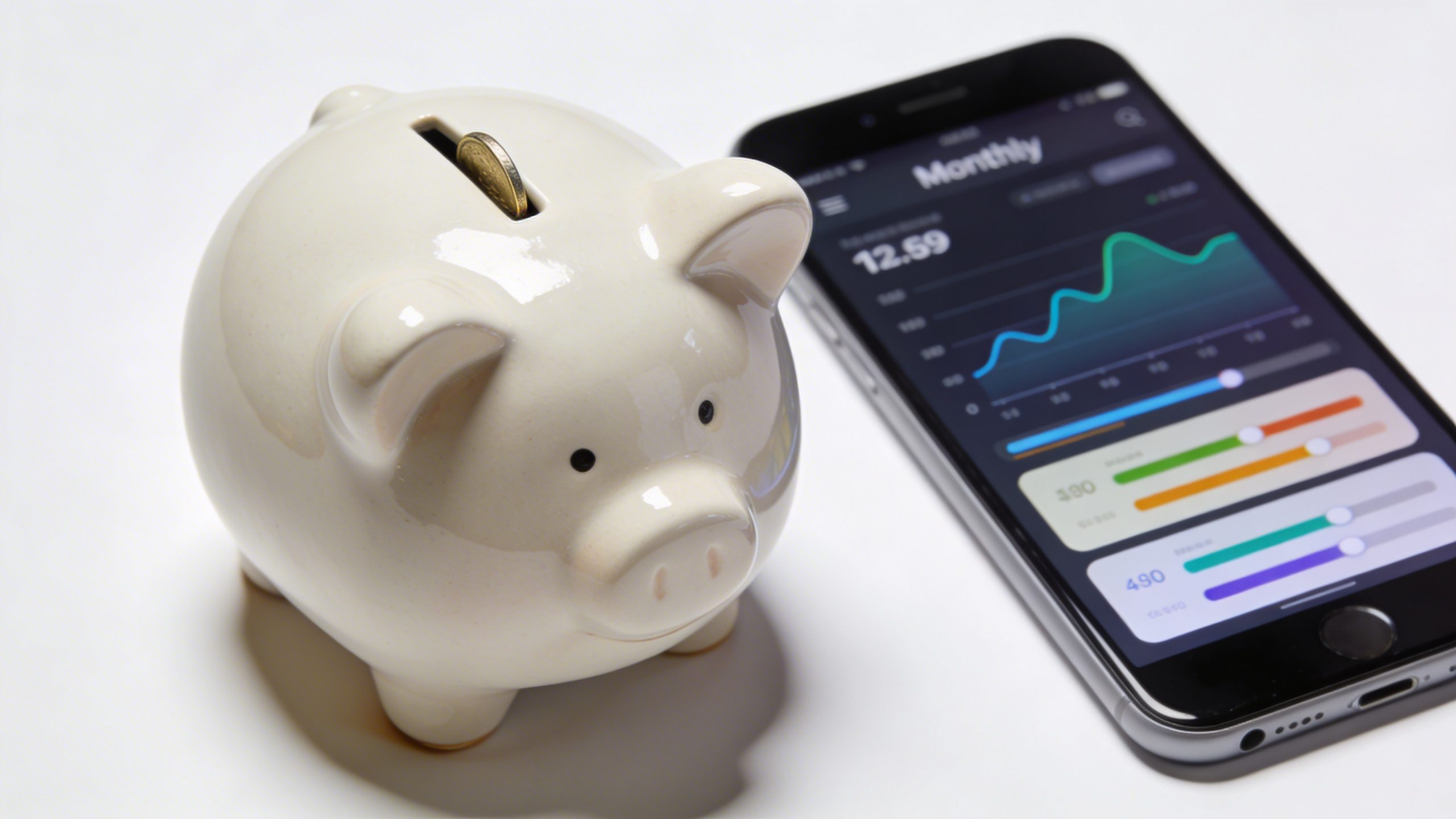 closeup of a pristine piggy bank next to a monthly budgeting app display