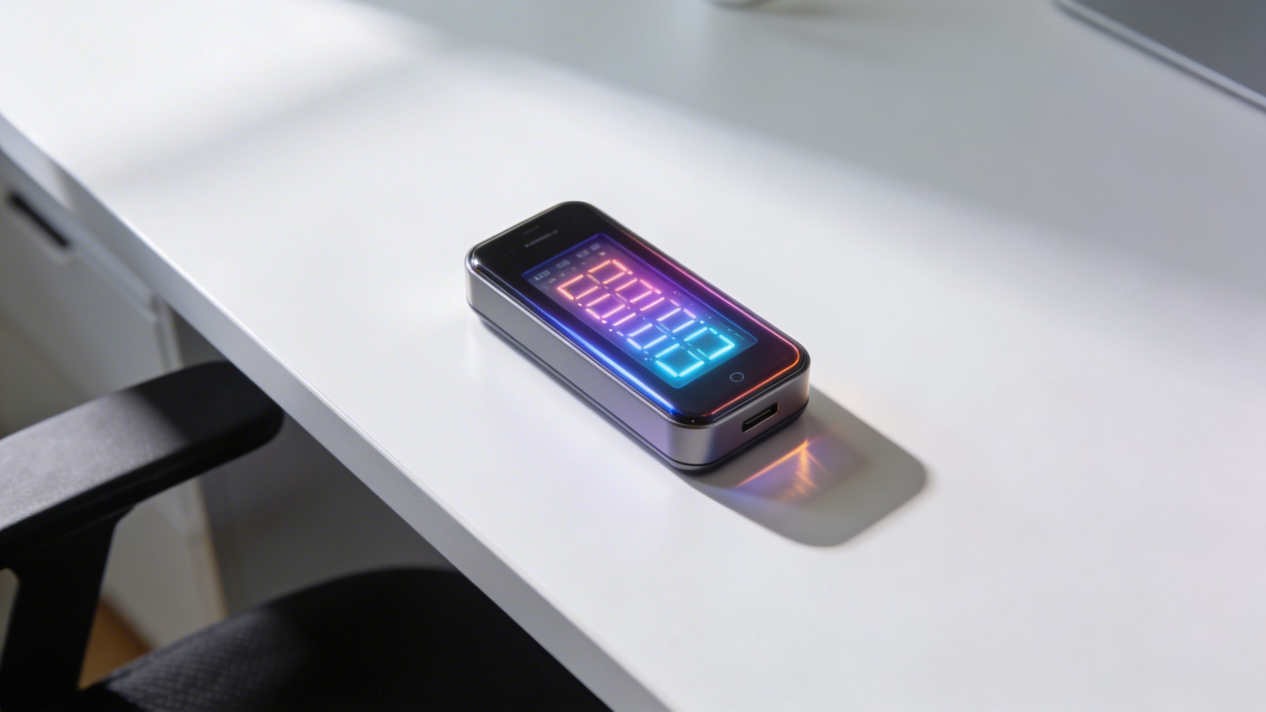 Closeup of a single digital savings tracker on a clean desk