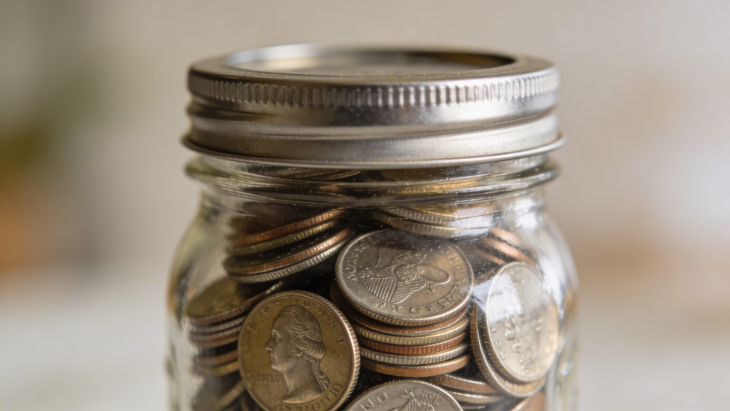 closeup of a mason jar with automated savings label and coins
