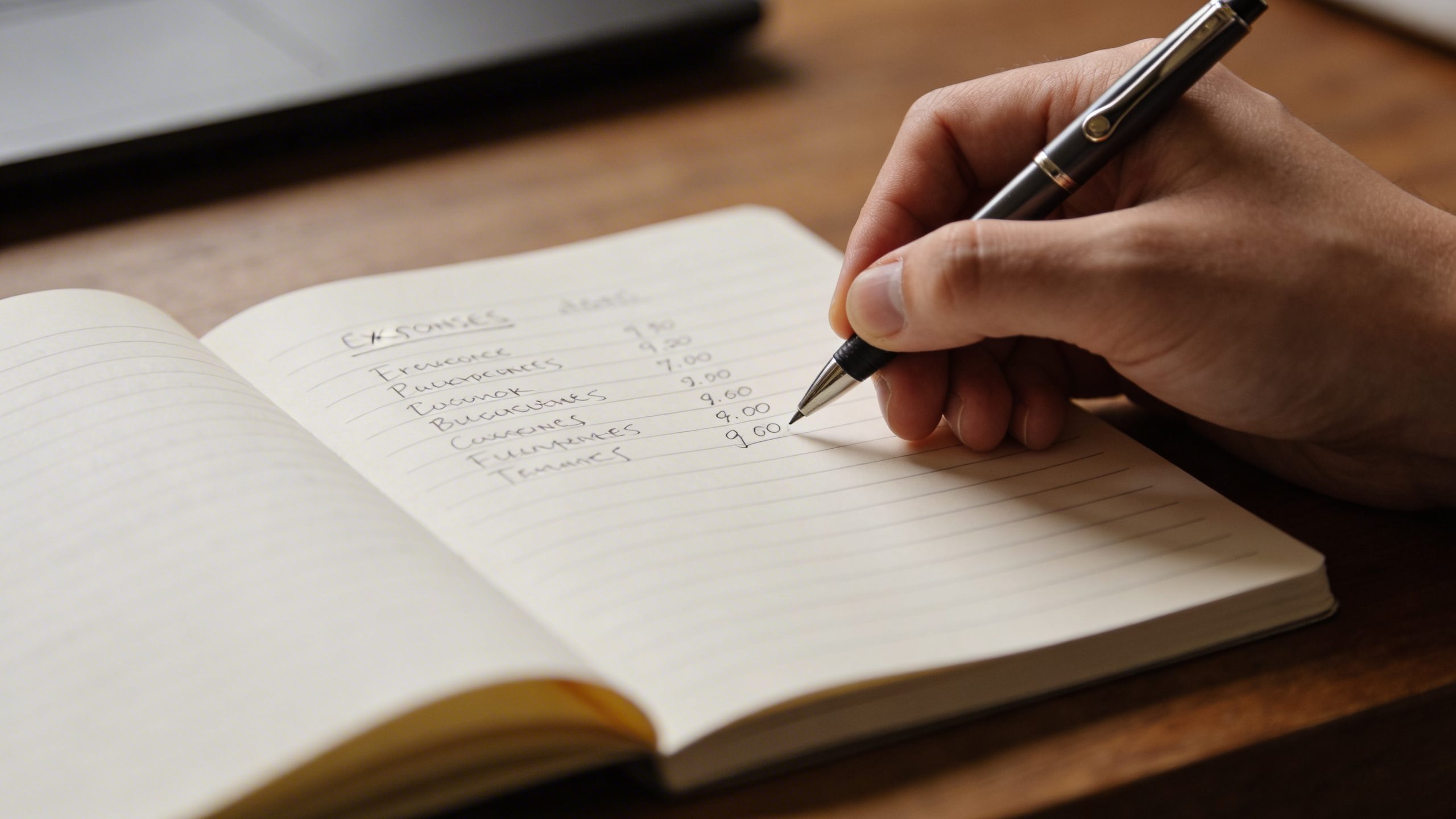 Closeup of a person jotting expenses in a notebook at a desk