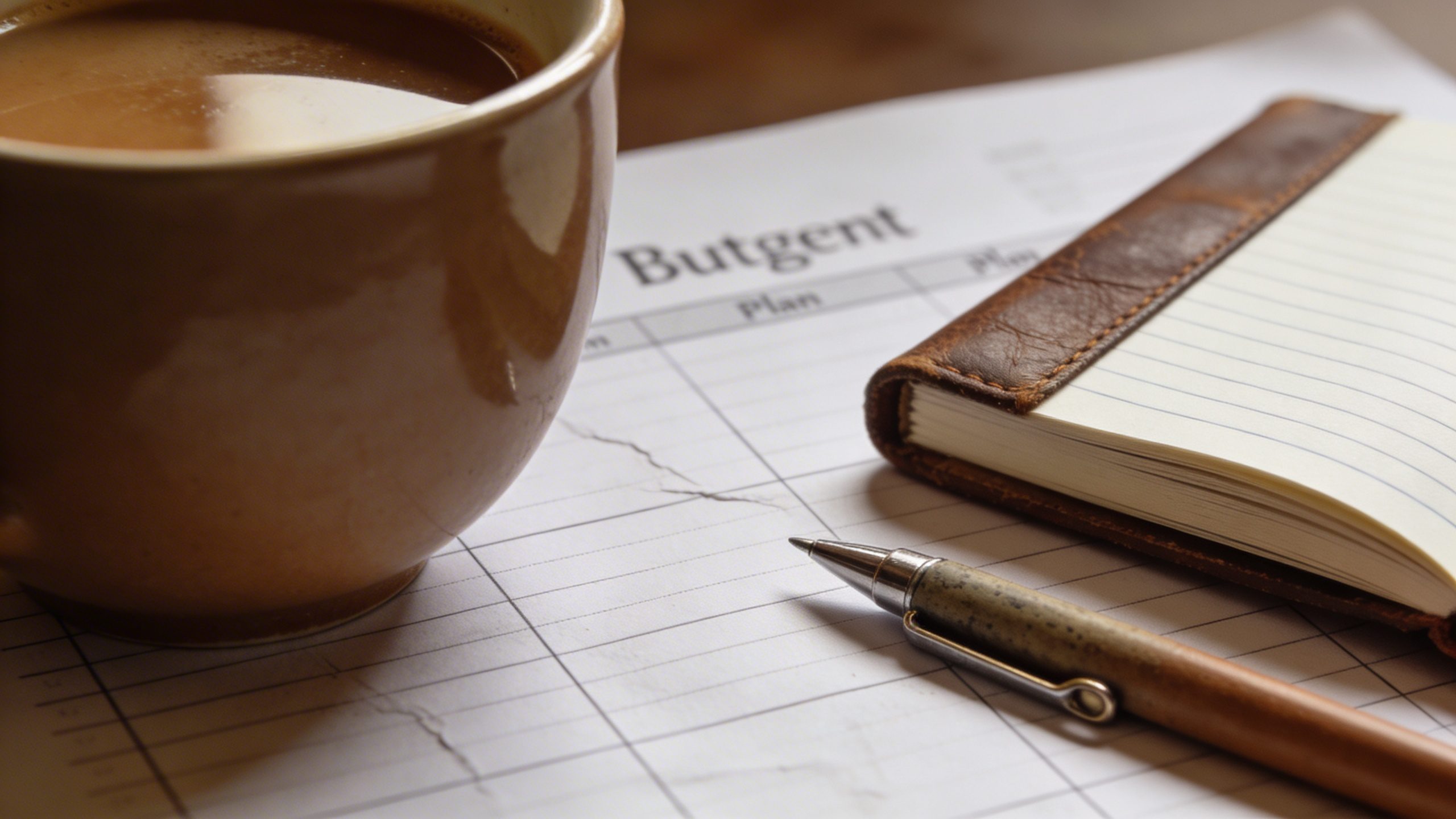 Closeup of a coffee cup with a small notebook and pen on a budget plan page