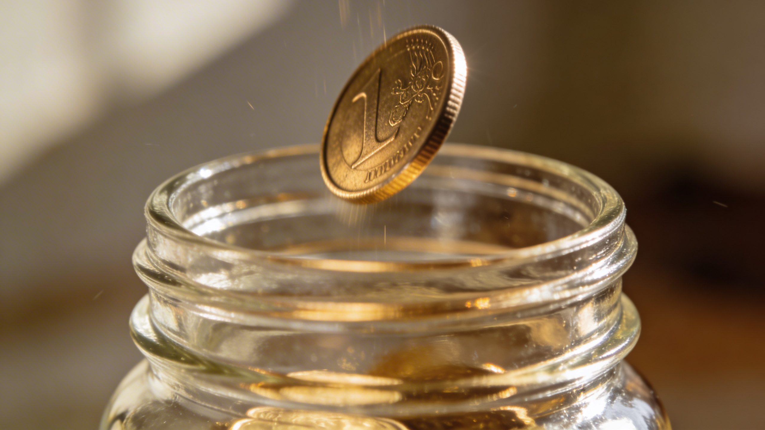 Closeup of a single saved coin dropping into a glass jar