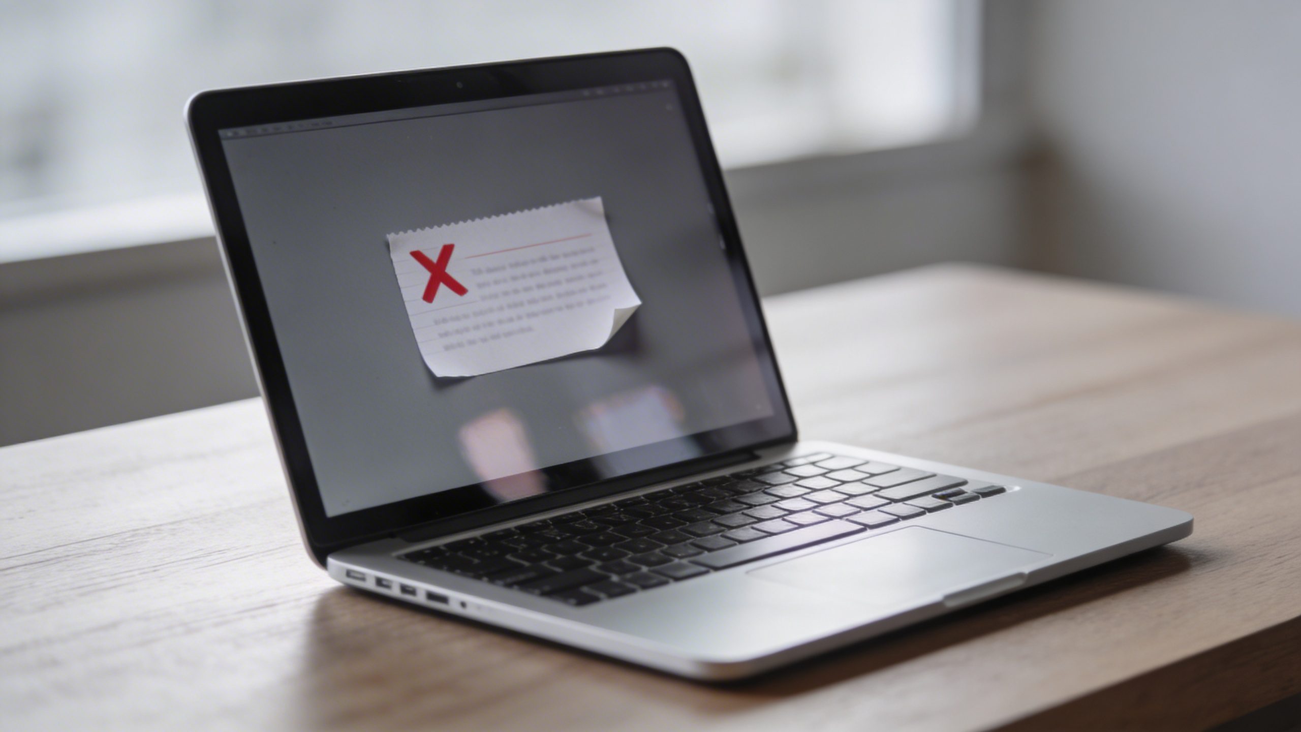 Closeup of a lone laptop with a single canceled subscription note