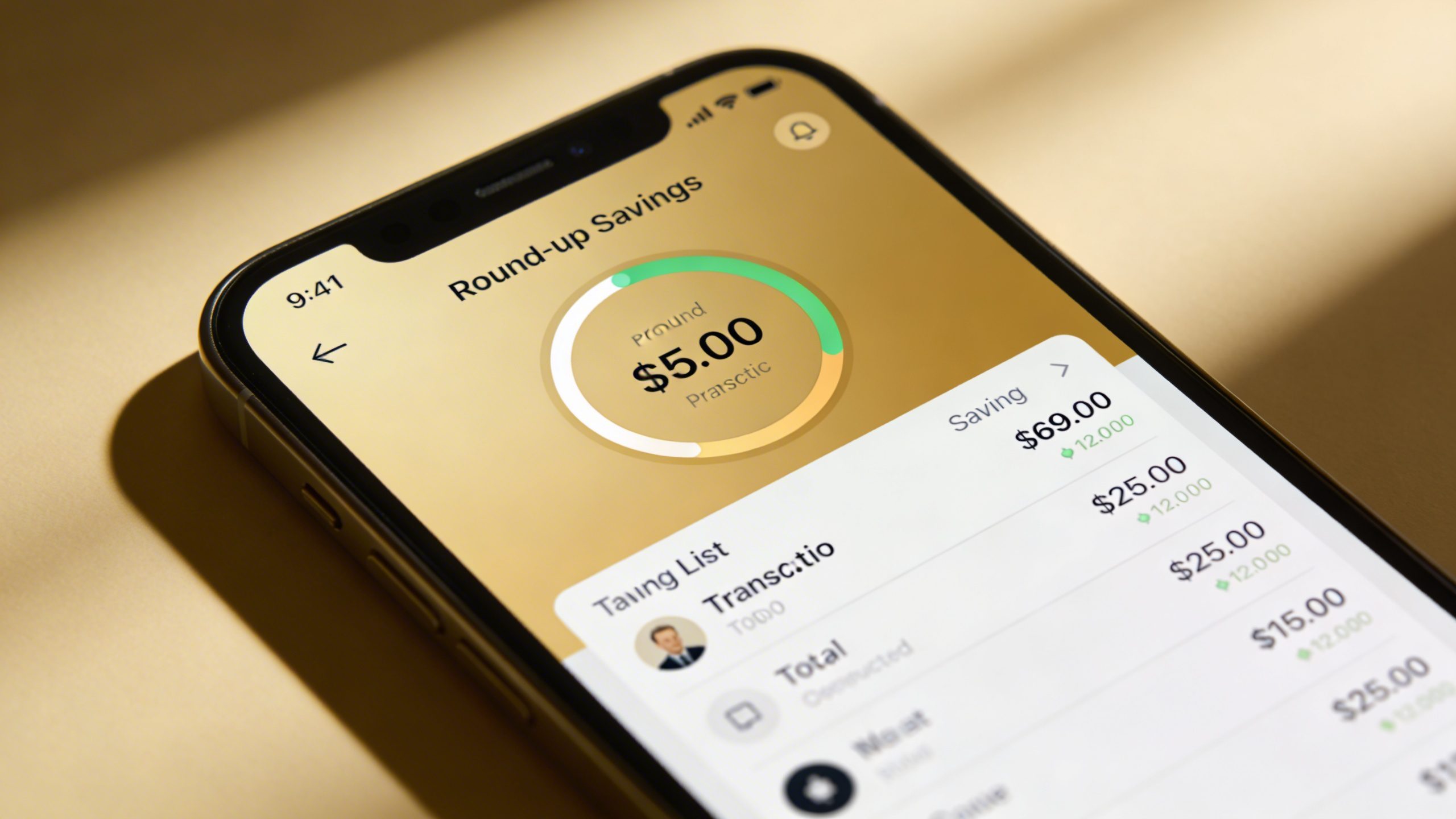 Closeup of a single smartphone showing a round-up savings app screen