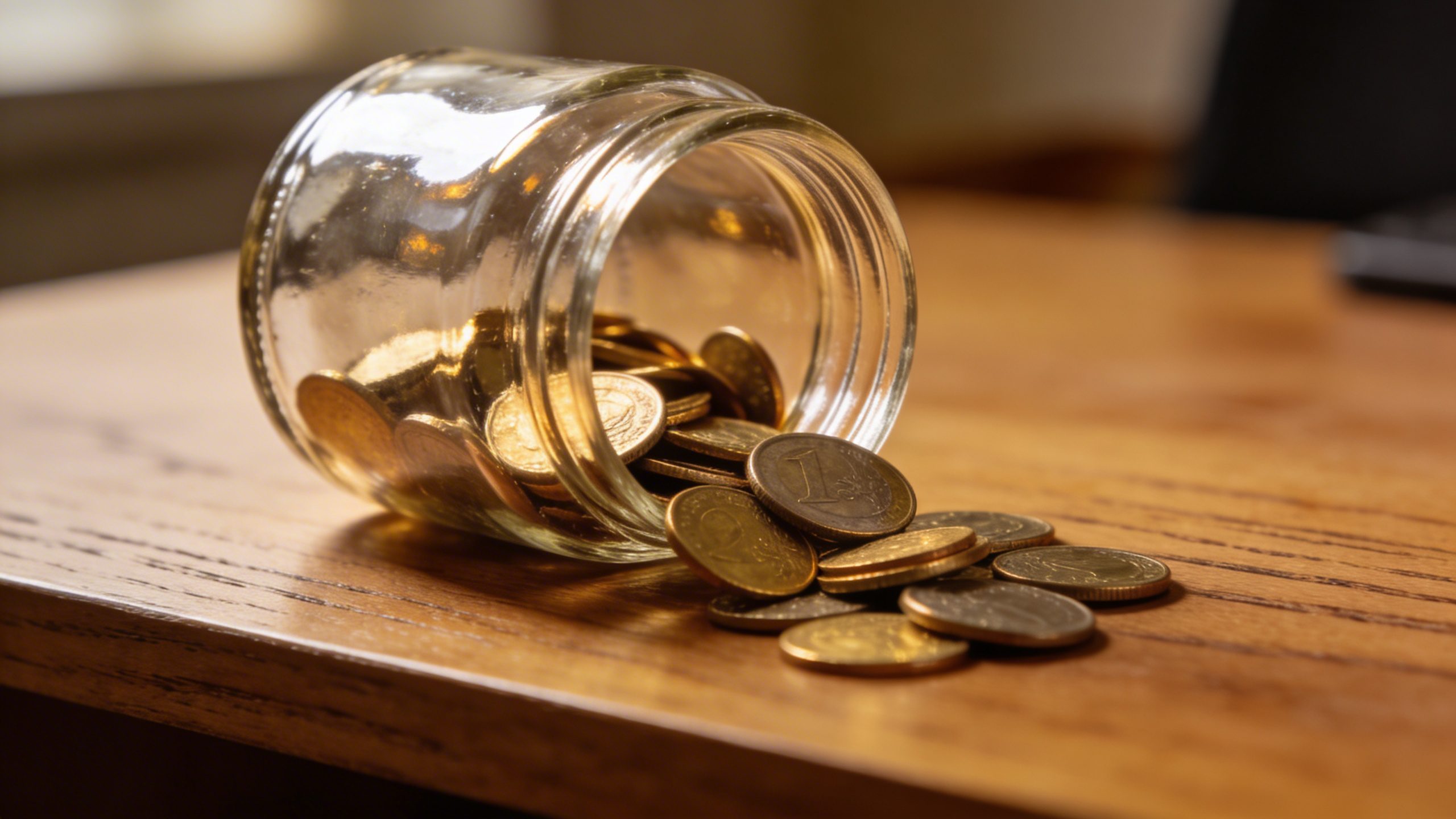 Closeup: a single glass jar labeled “Fun Fund” with coins spilling slightly onto a wooden desk