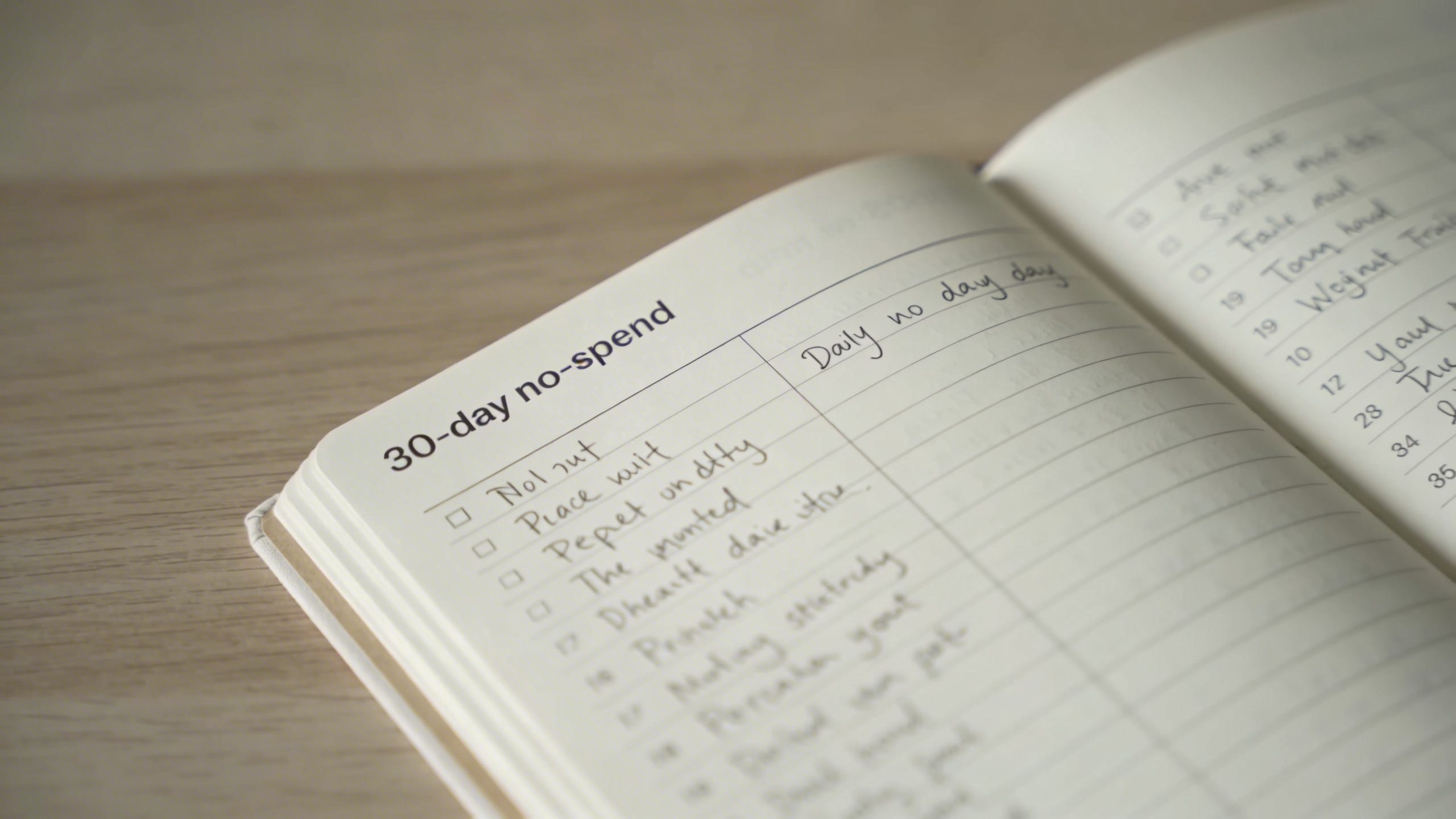 Closeup: a lone planner open to a 30-day no-spend plan on a clean desk
