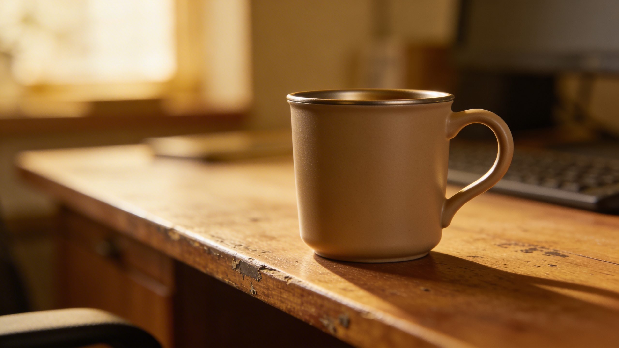Close-up of a single reusable coffee cup on a desk