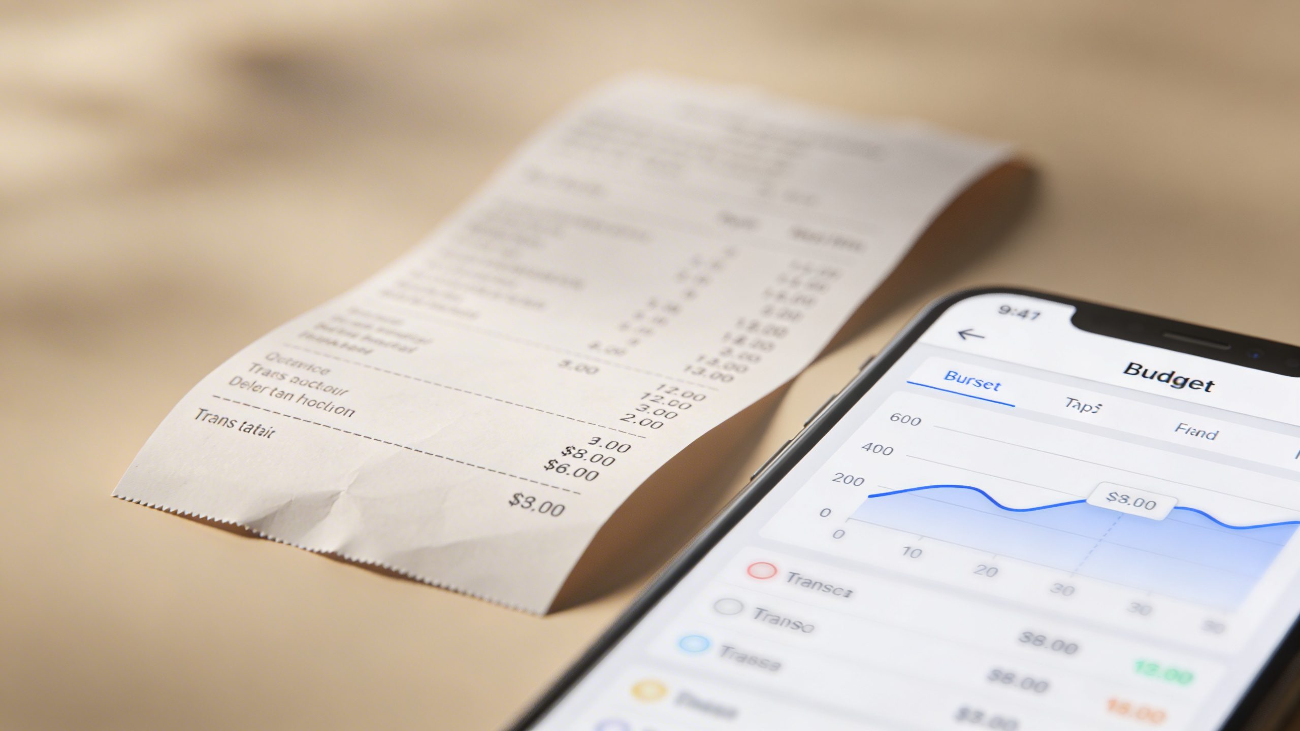 Focused shot of a single receipt with budget app screen