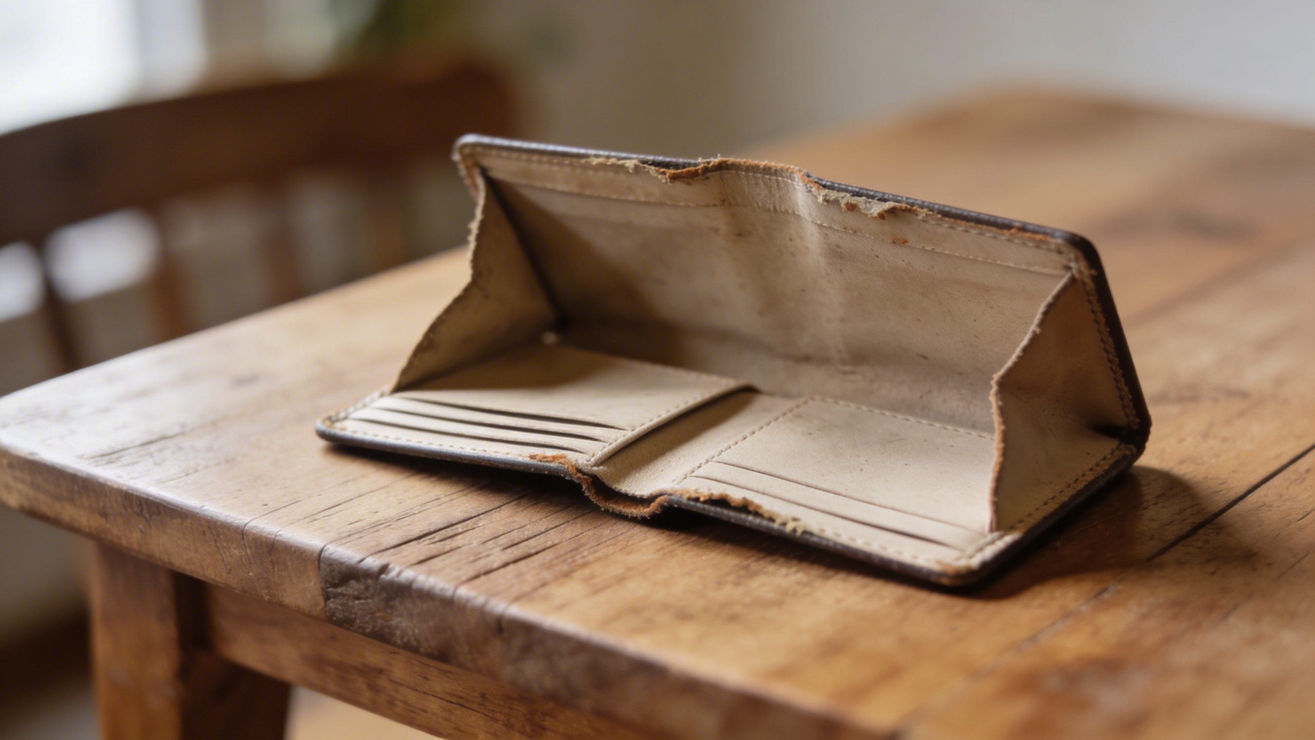 Closeup of a bare, empty wallet on wooden table