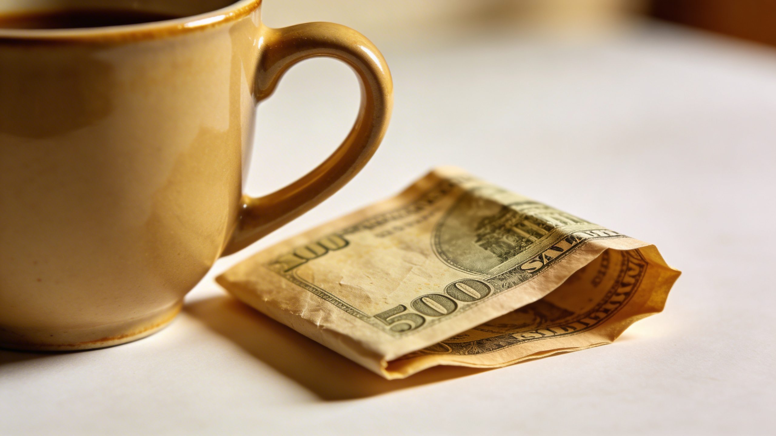 Closeup of a single coffee cup with a savings note beside it