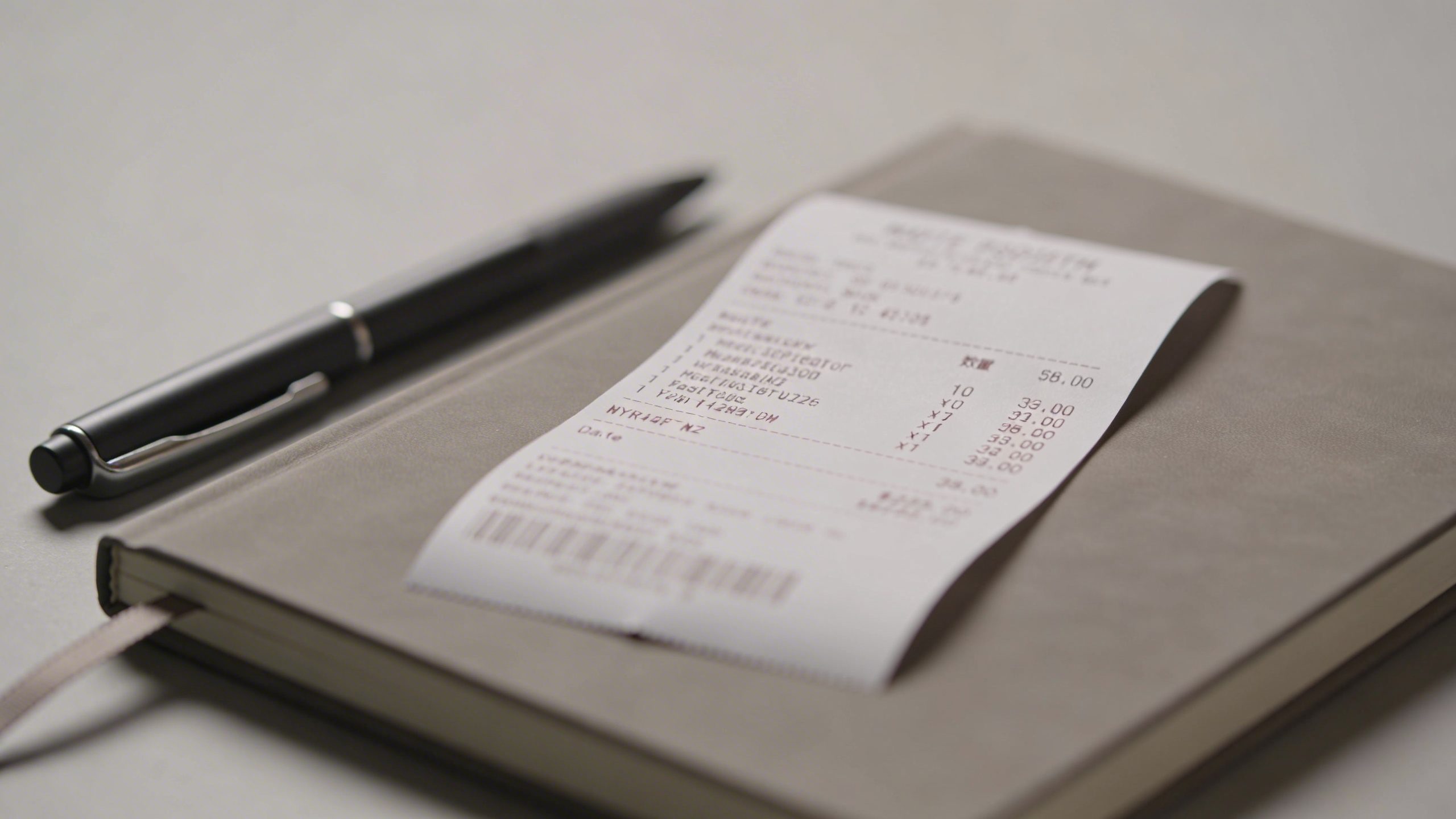 Closeup of a single receipt atop a simple notebook and pen