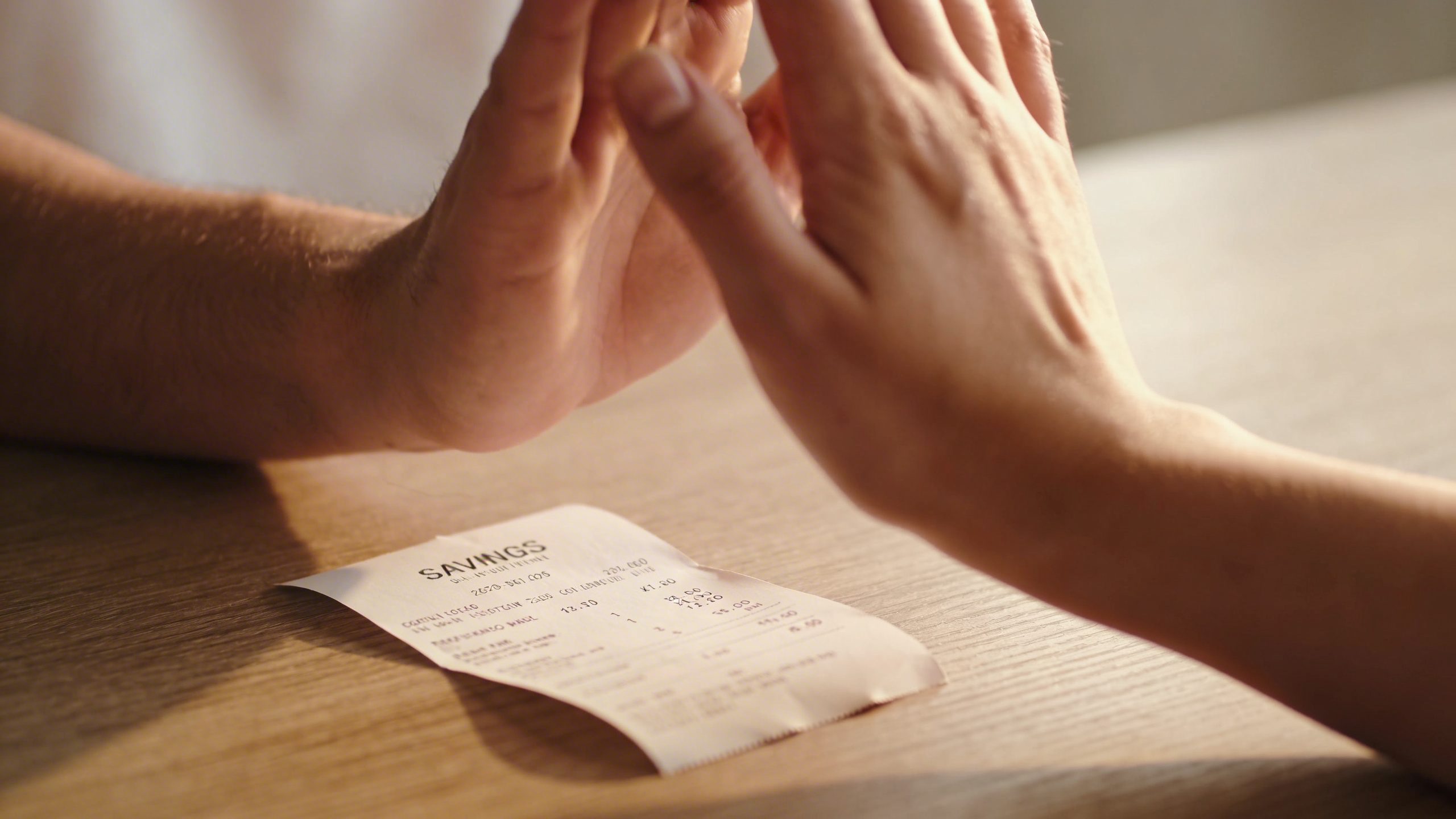 closeup of a couple high-fiving over a tiny savings receipt on a table