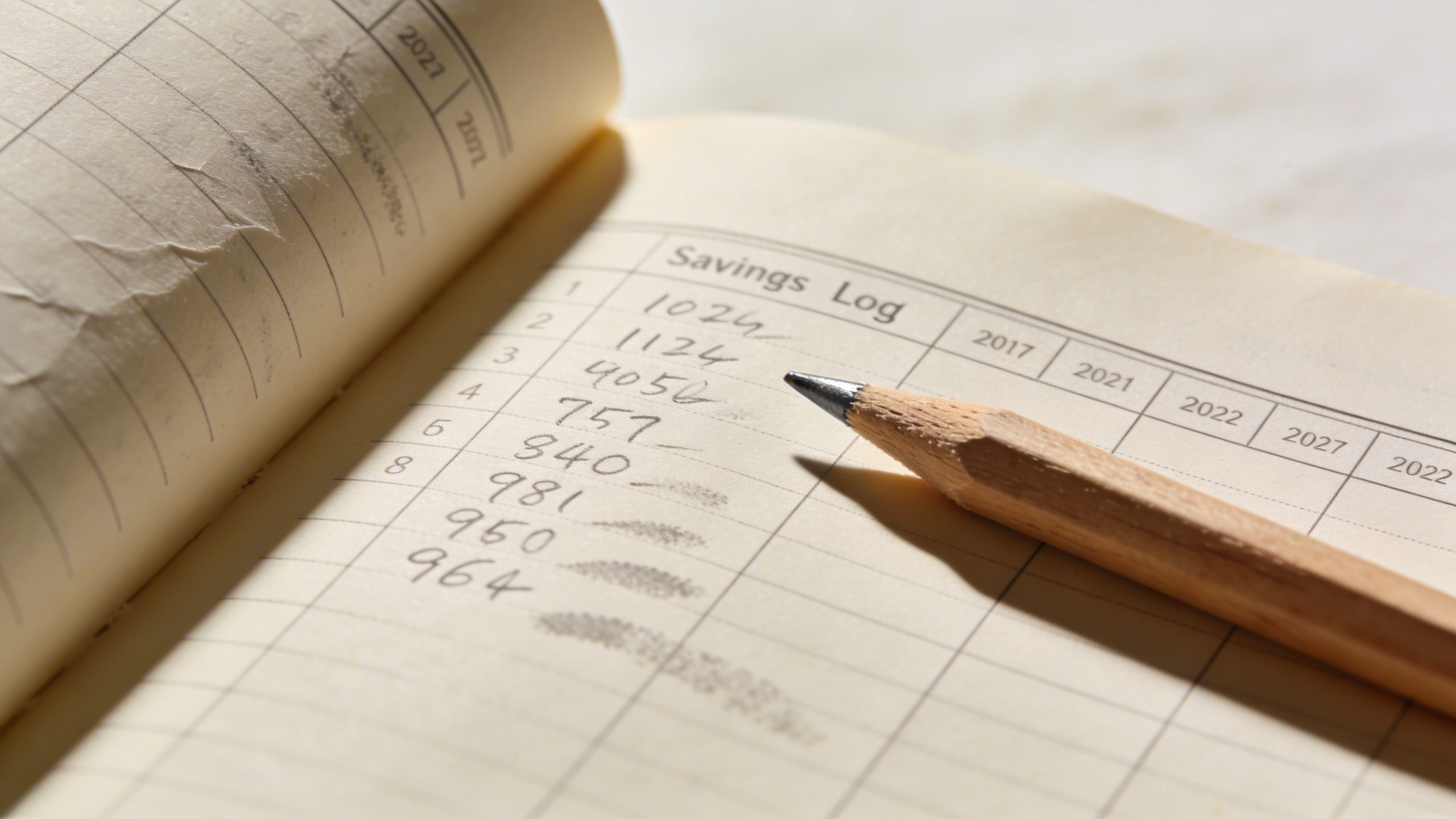 Closeup of a single notebook open to a savings log and a pencil
