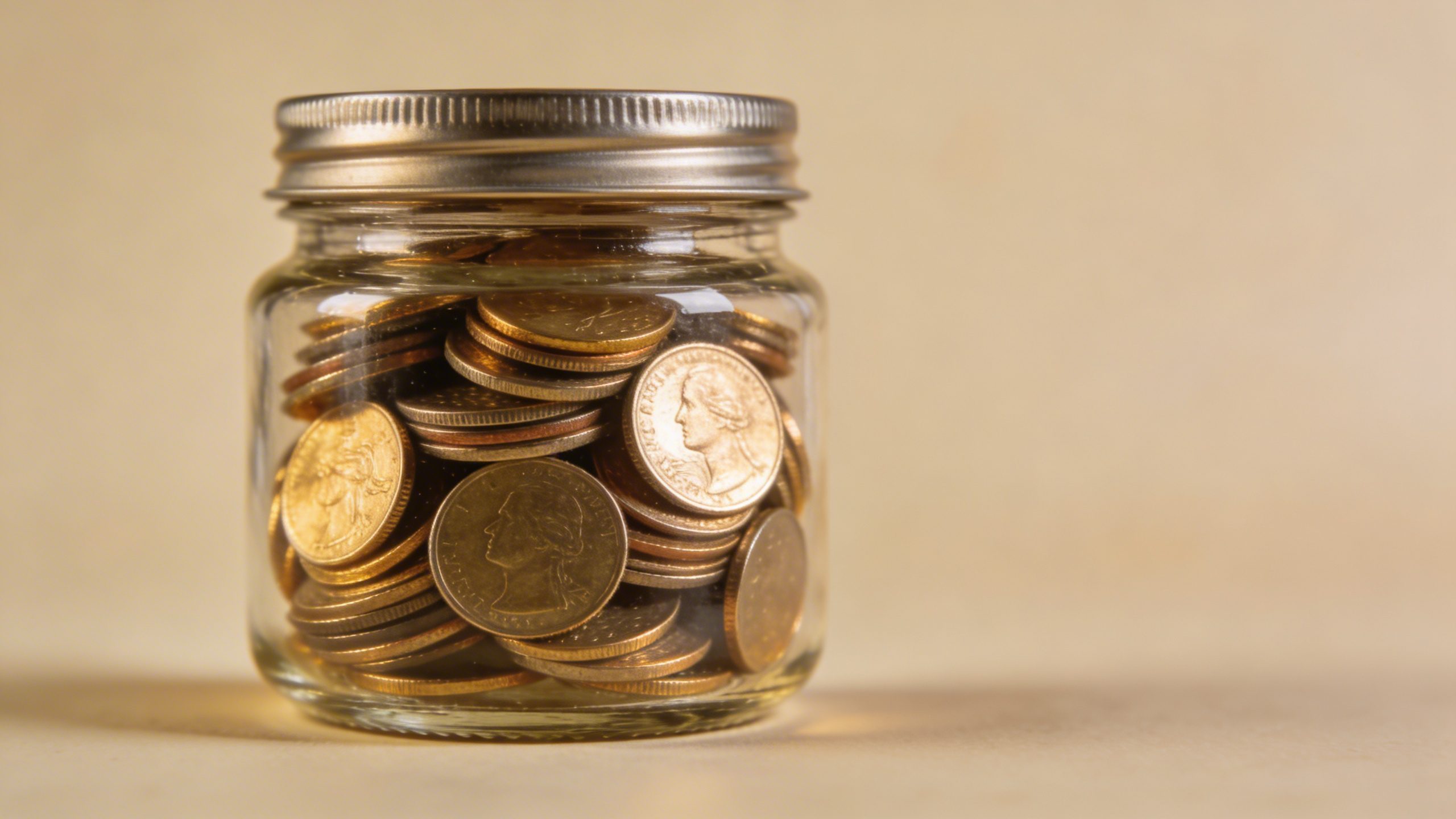 Closeup of a single jar labeled “Weekly Savings” with coins inside